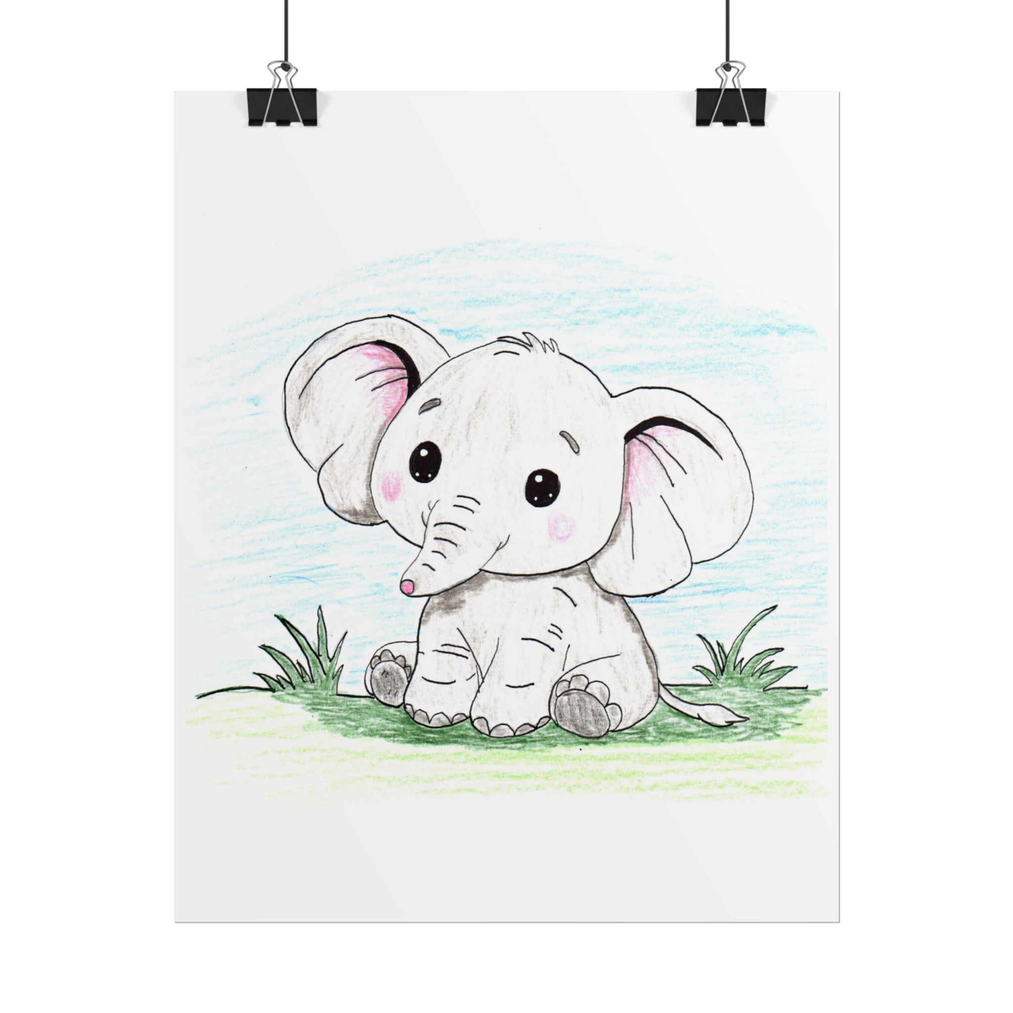 Elephant Sitting on the Grass Print, Cute Elephant Wall Art, Hand Drawn Nursery Decor