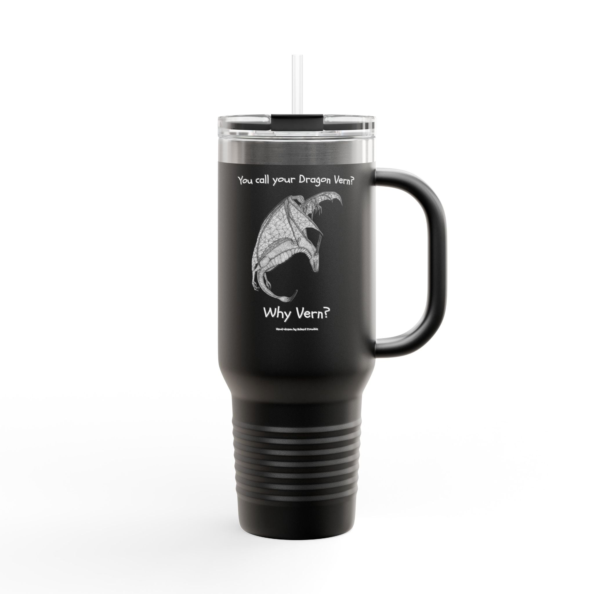 Wyvern Travel Mug | “You Call Your Dragon Vern?” | Hand-Drawn Fantasy Art by Robert Trumble