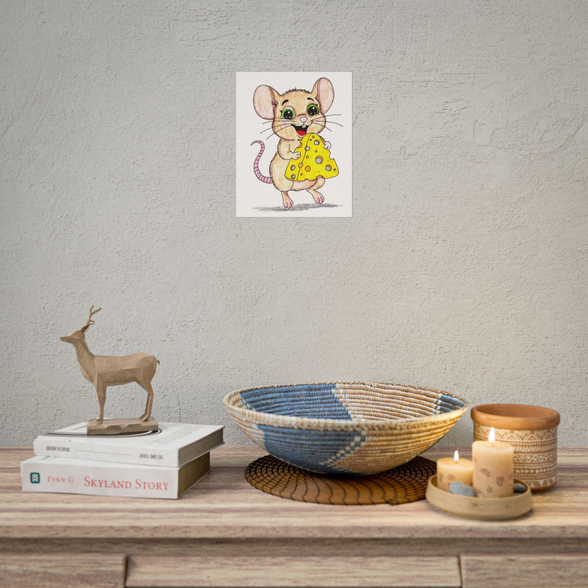 Mouse Found the Cheese - Cute Mouse Wall Art Print - Hand Colored Nursery Decor - Woodland Animal Illustration