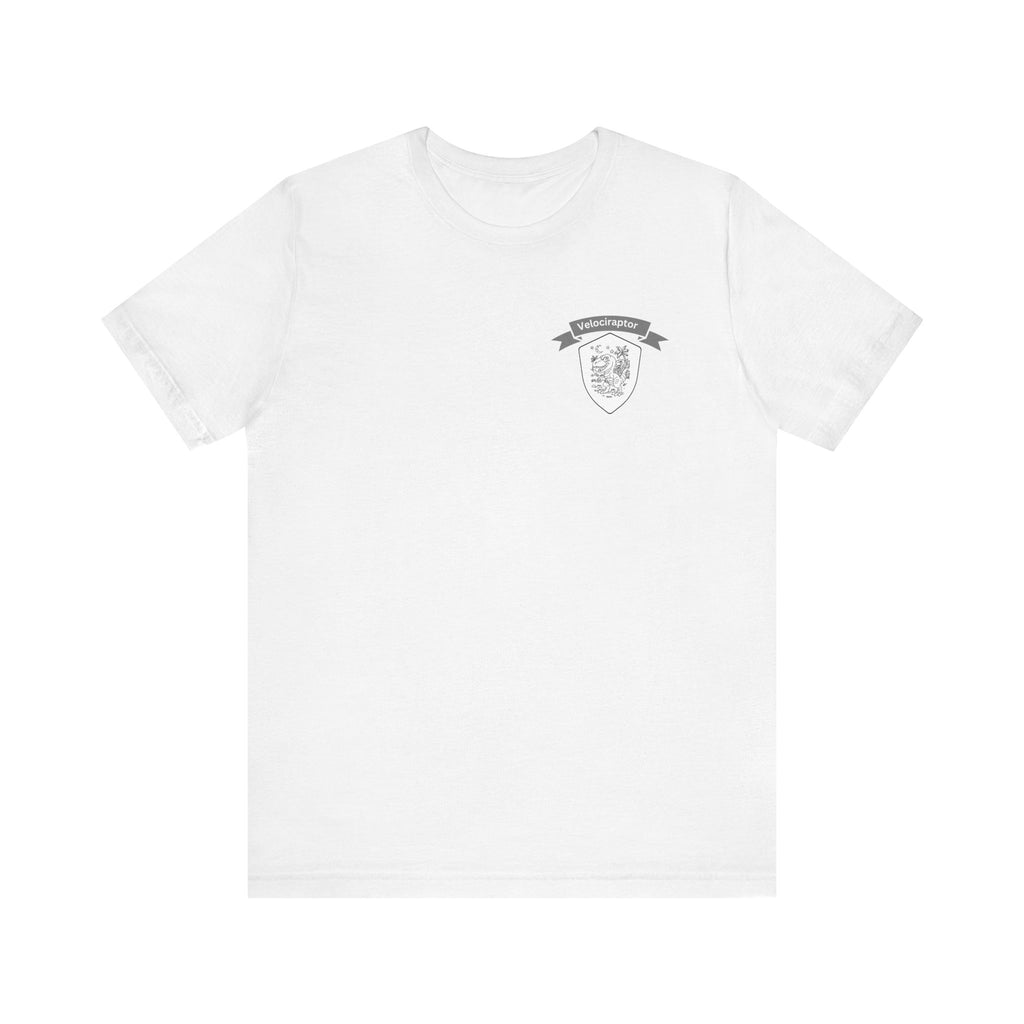 Velociraptor Logo Tee – Hand-Drawn Dino Art | Small Front Crest Design | Unisex Bella+Canvas 3001