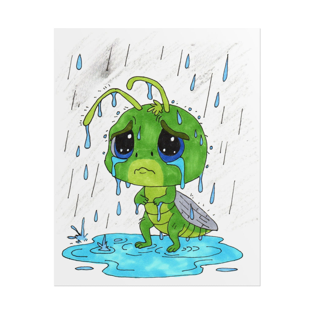 Sad Grasshopper Rain Print | Hand Drawn Nature Wall Art | Emotional Insect Illustration | Whimsical Woodland Decor | 8x10 Art Print | 8 X 10