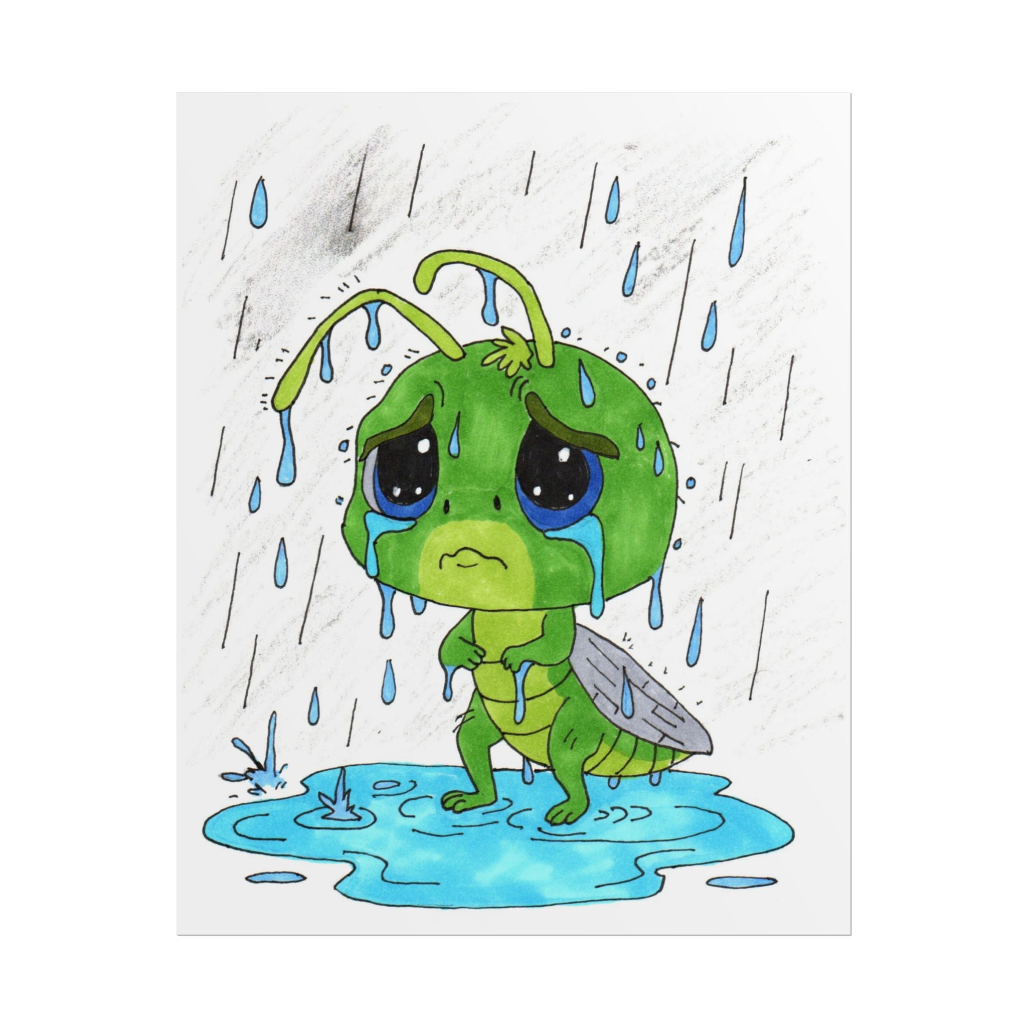 Sad Grasshopper Rain Print | Hand Drawn Nature Wall Art | Emotional Insect Illustration | Whimsical Woodland Decor | 8x10 Art Print | 8 X 10