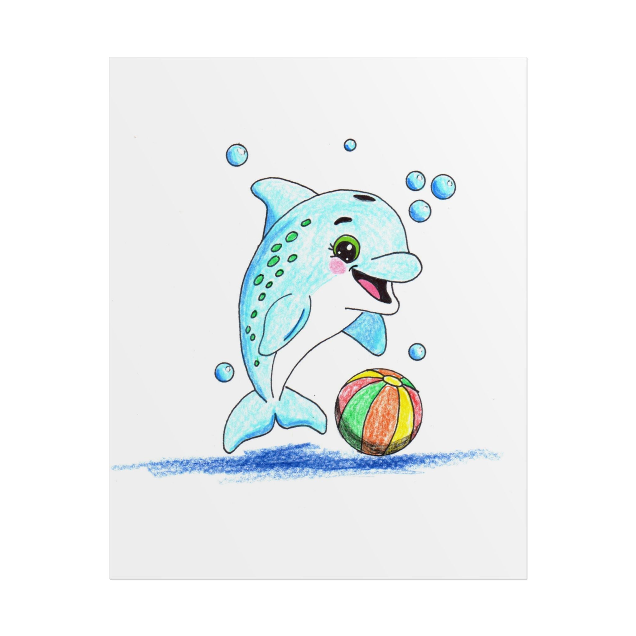 Happy Dolphin Found Her Beach Ball Print, Hand Drawn Dolphin Wall Art
