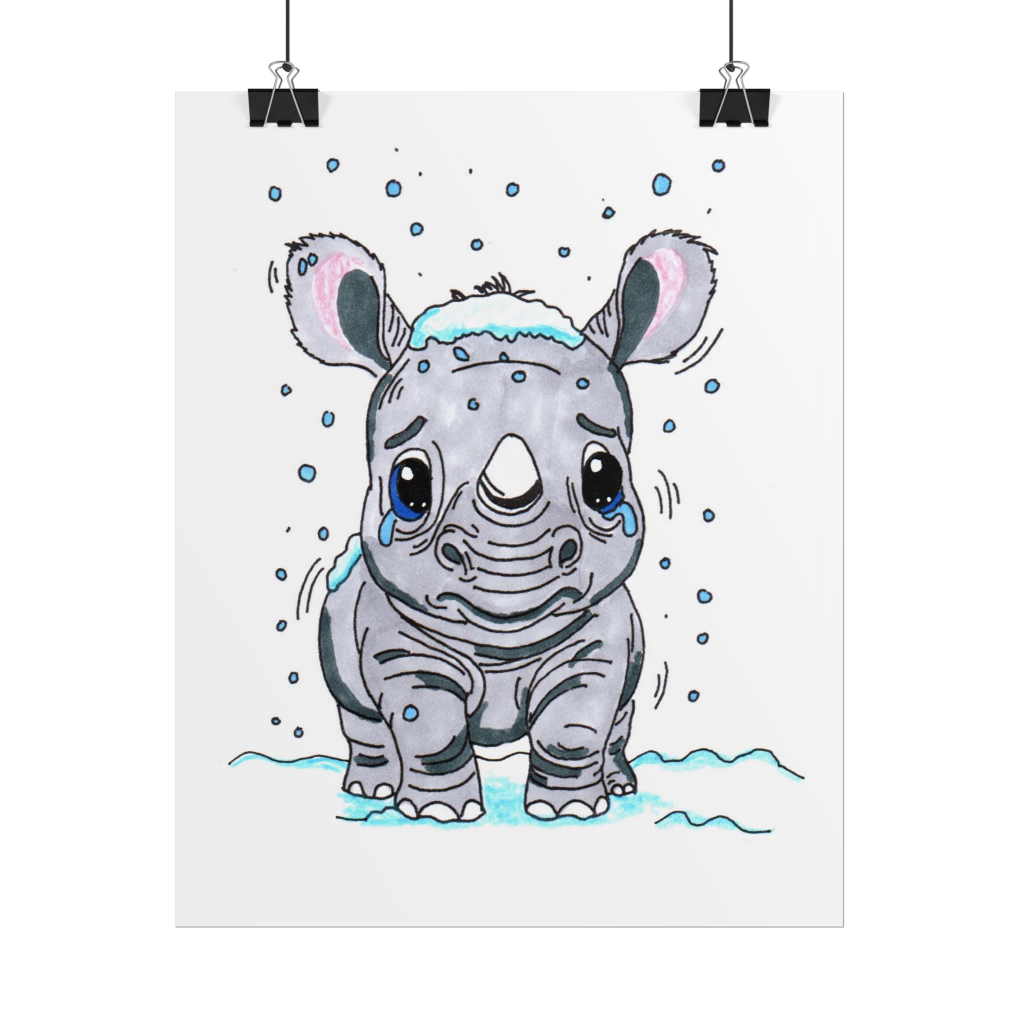 Sad Rhino in the Snow Poster, Nursery Wall Art, Cute Animal Illustration Print