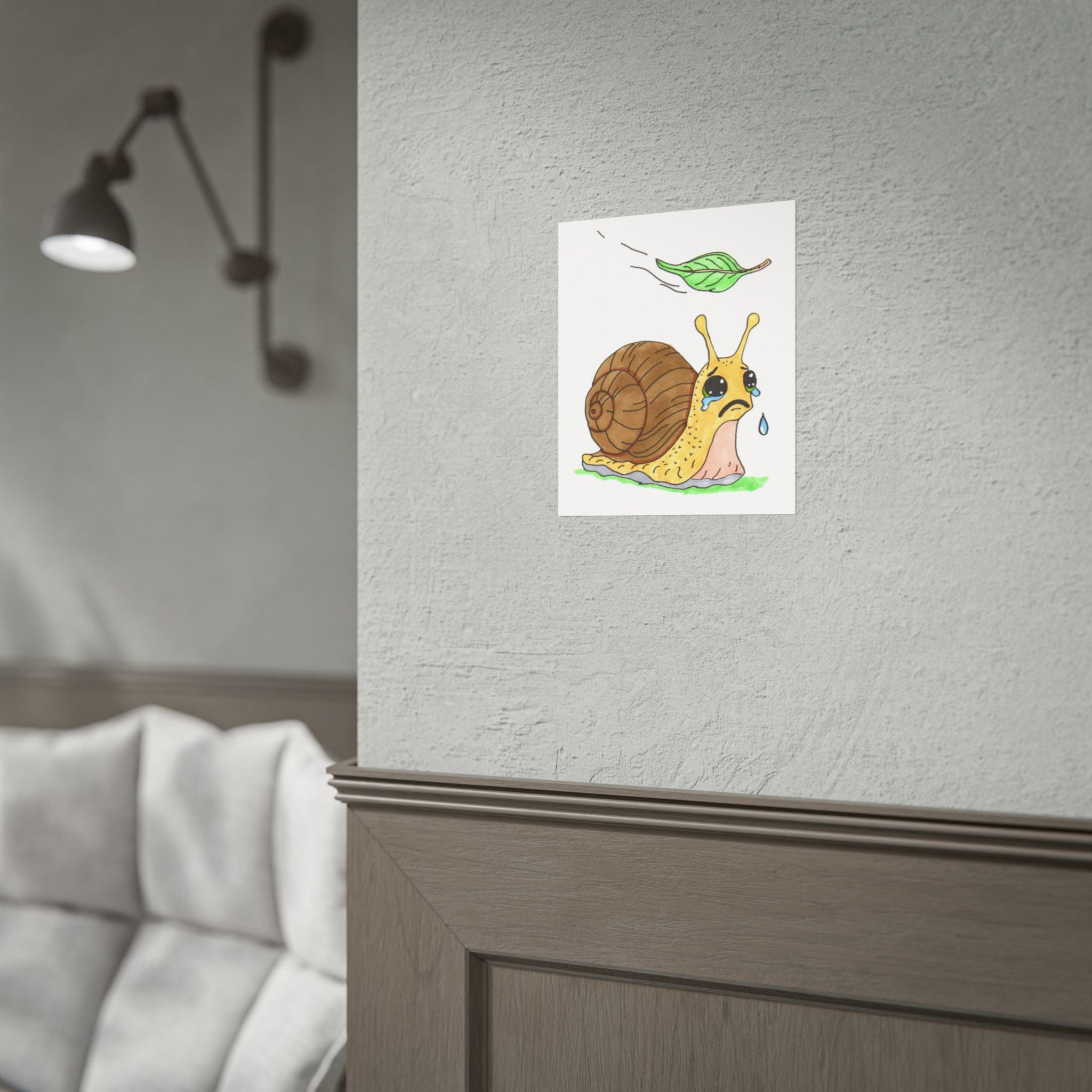 Sad Snail Lost Her Leaf Print, Hand Drawn Snail Wall Art, Whimsical Garden Decor, Cute Nature Illustration, Lost & Found Critter