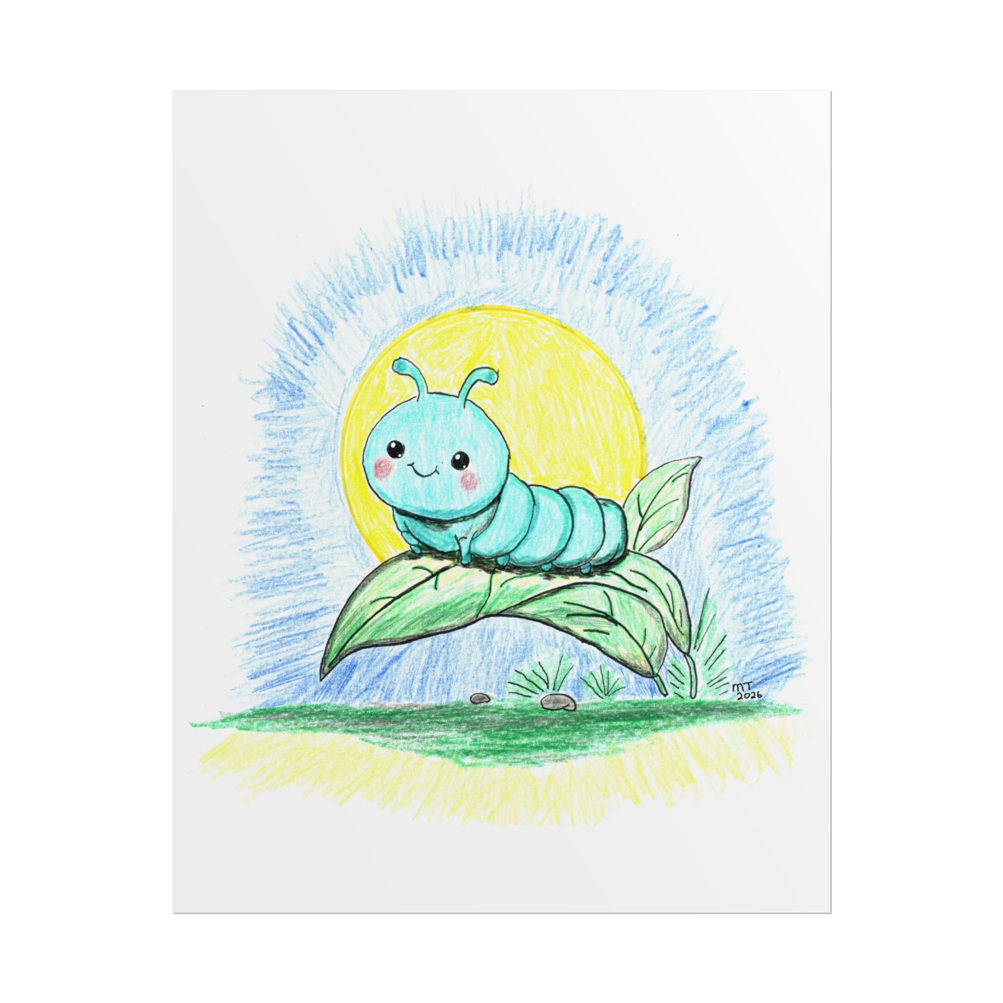 Bobbie the Smiling Inchworm Wall Art | Cute Caterpillar Nursery Print | Hand Drawn Garden Bug Art