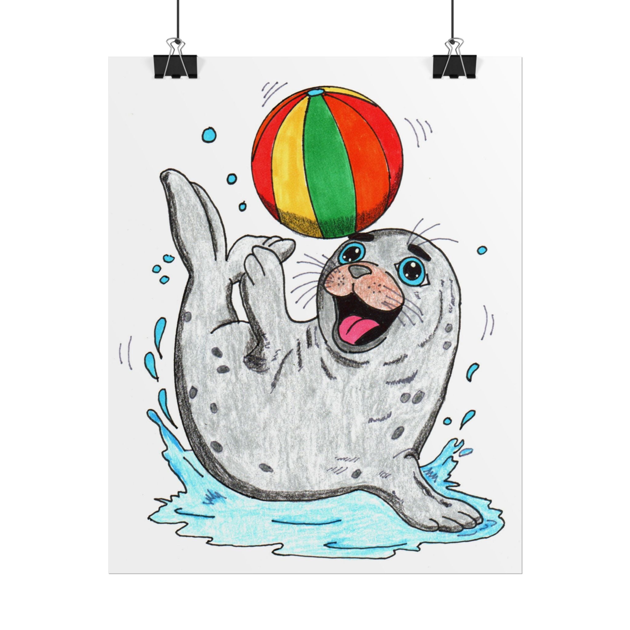Seal Found Her Beach Ball Print | Hand Drawn Ocean Animal Wall Art | Happy Seal Illustration