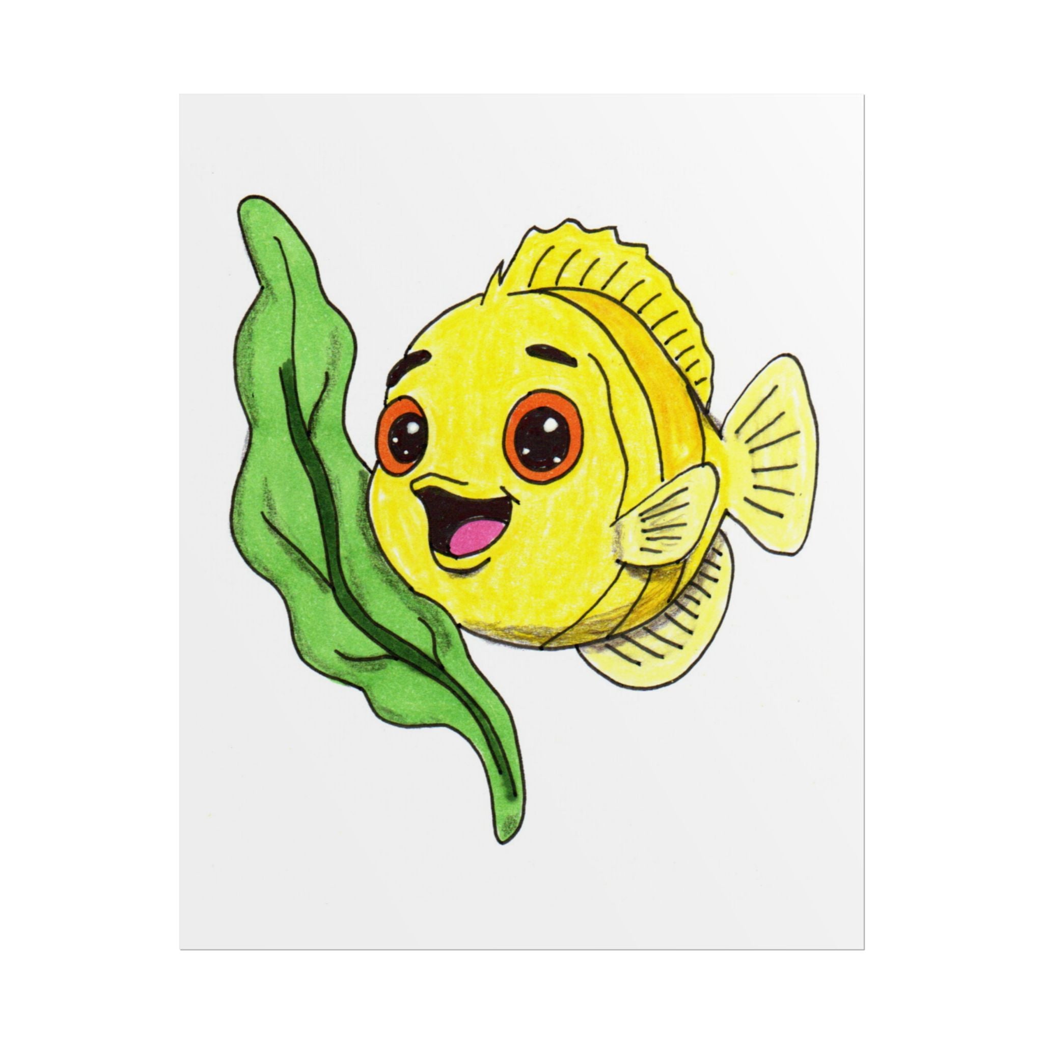 Happy Yellow Fish with Seaweed Print | Cute Hand Drawn Ocean Wall Art