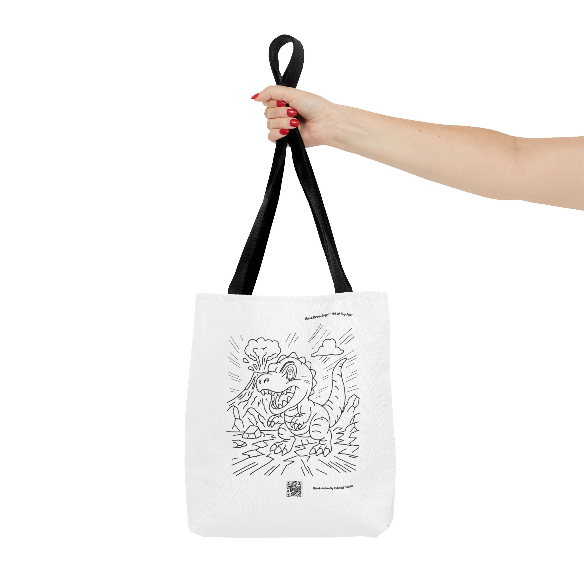 T-Rex Tote Bag | Hand-Drawn Dinosaur Art with QR Code | Durable Cotton Carry-All for Dino Fans