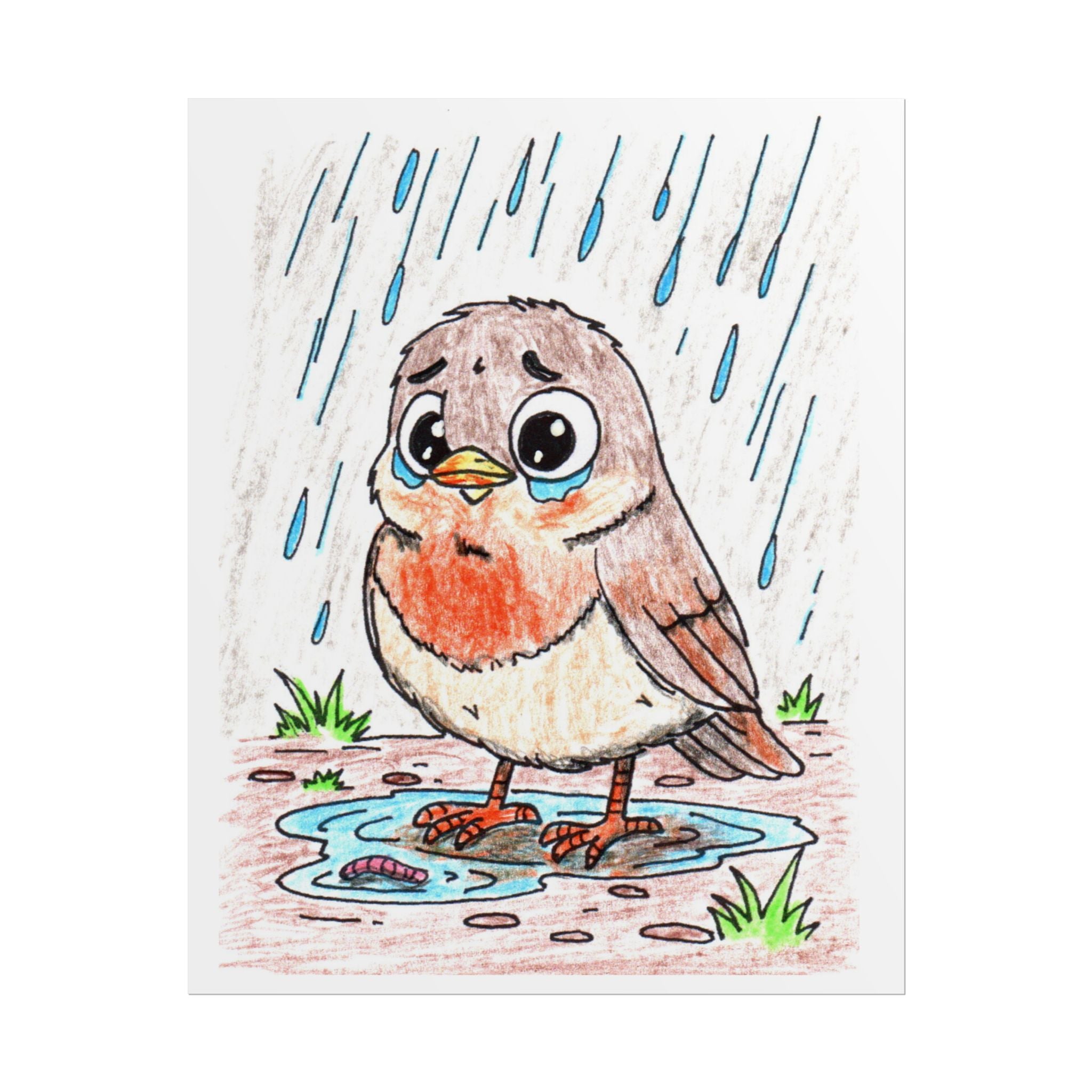 Robin in the Rain Print, Hand Drawn Bird Wall Art, Sad Robin Illustration, Woodland Bird Decor, Nature Nursery Art