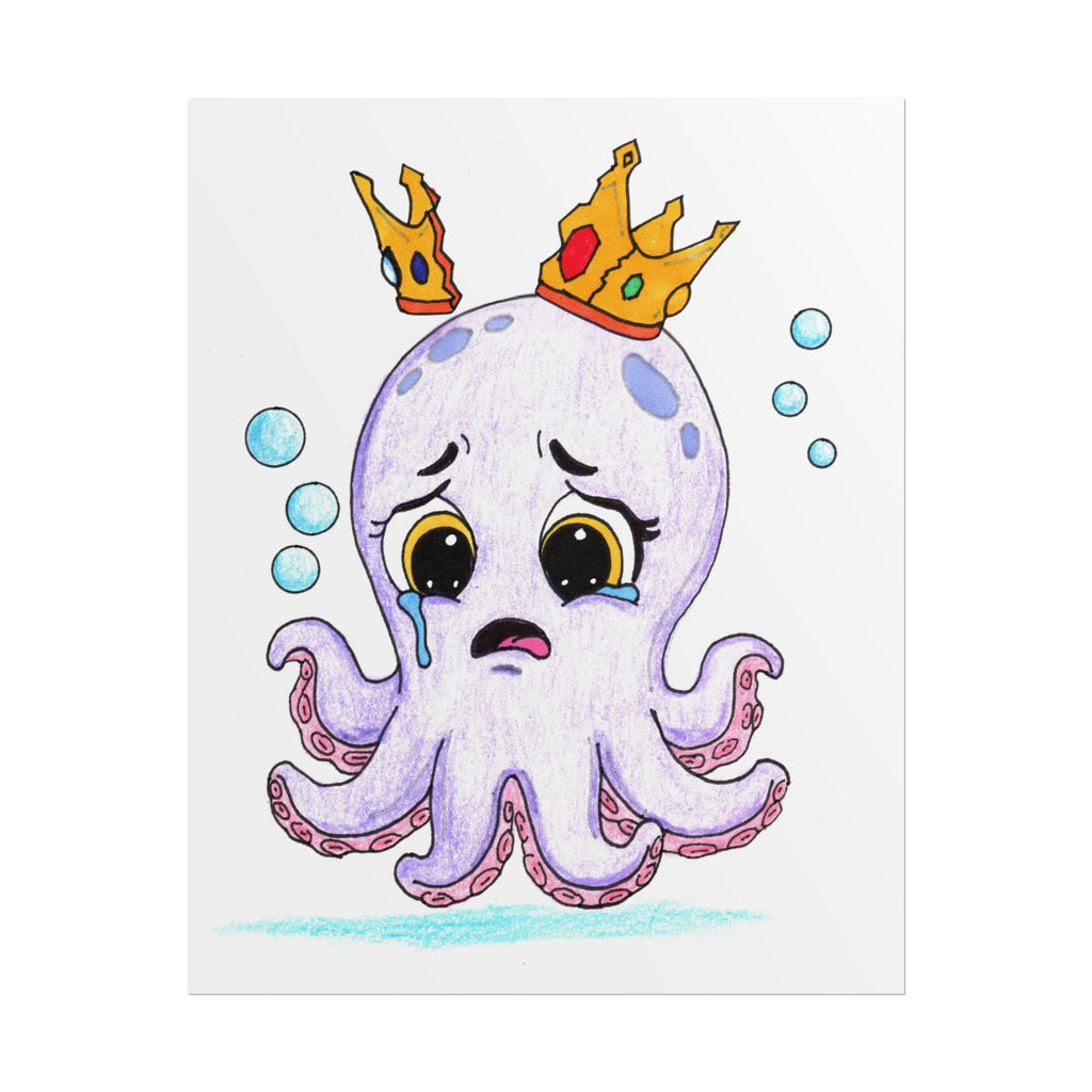 Sad Octopus Wall Art Print, Lost Her Crown, Cute Purple Octopus