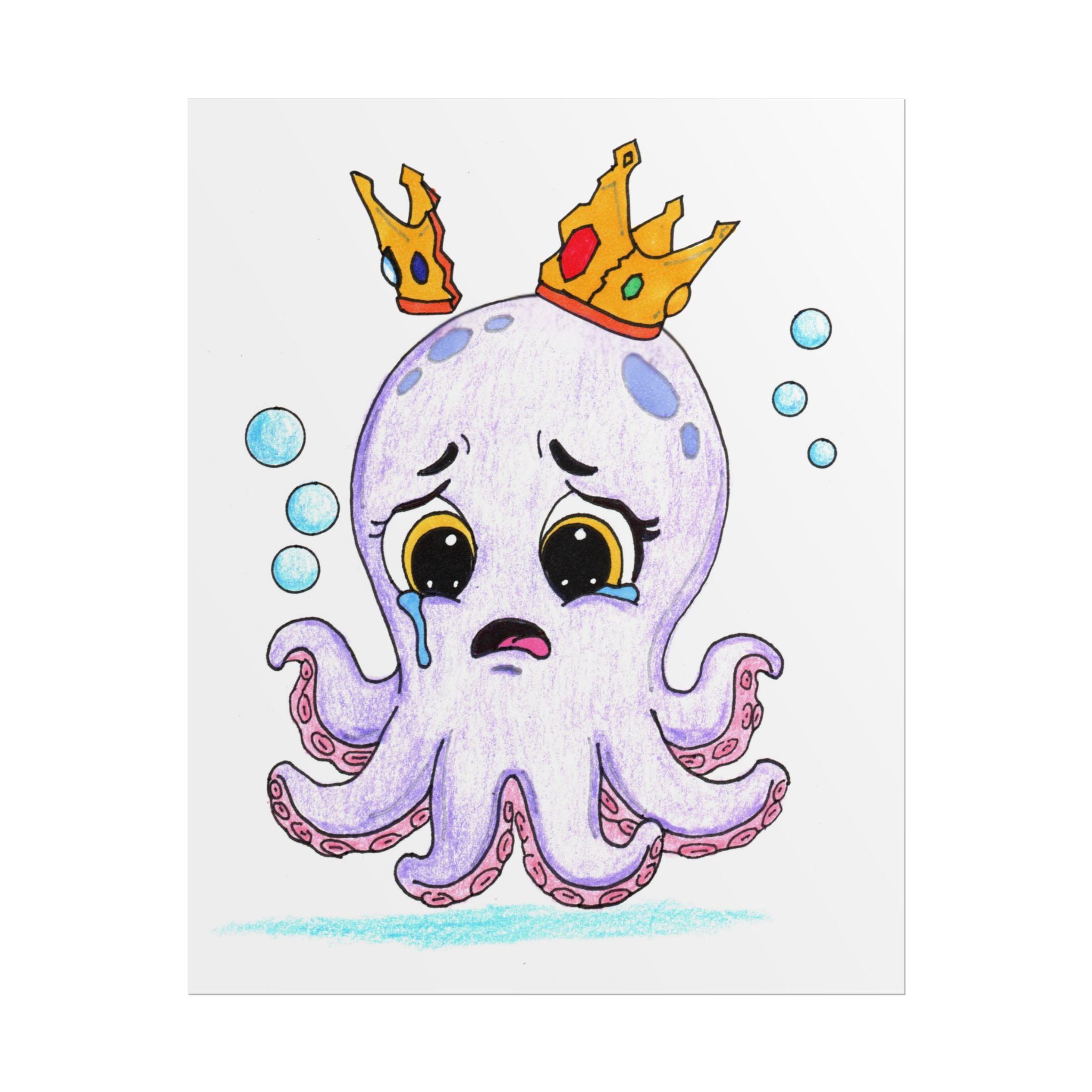 Sad Octopus Wall Art Print, Lost Her Crown, Cute Purple Octopus