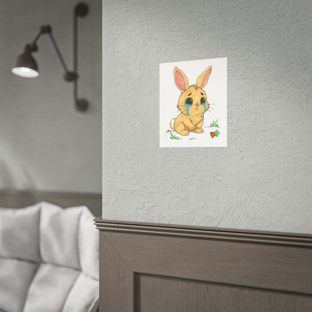 Sad Rabbit ate her last carrot, Poster, Nursery Wall Art, Cute Animal Illustration Print