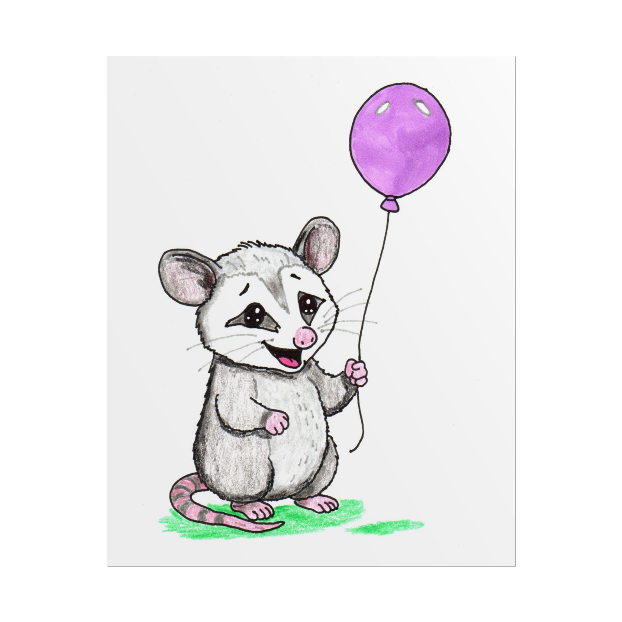Opossum Found a Balloon Print | Hand Drawn Woodland Animal Wall Art