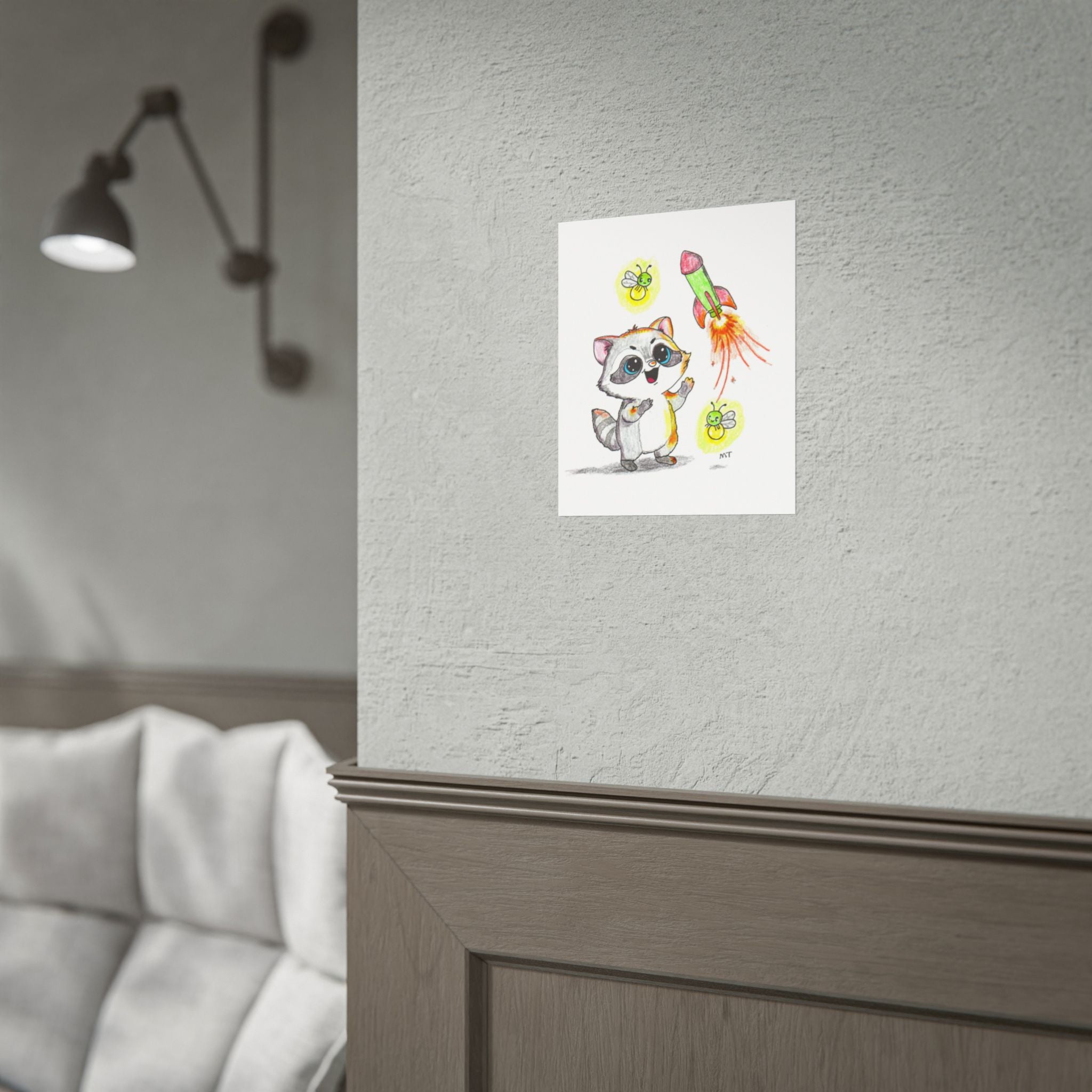 She Found Her Rocket Flame | Happy Raccoon Art Print | Hand Drawn Woodland Wall Decor