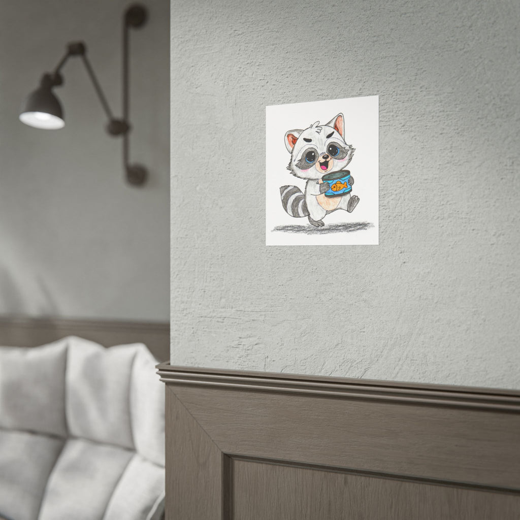 Happy Raccoon Print | Found Treasure Raccoon Wall Art | Hand Drawn Woodland Animal