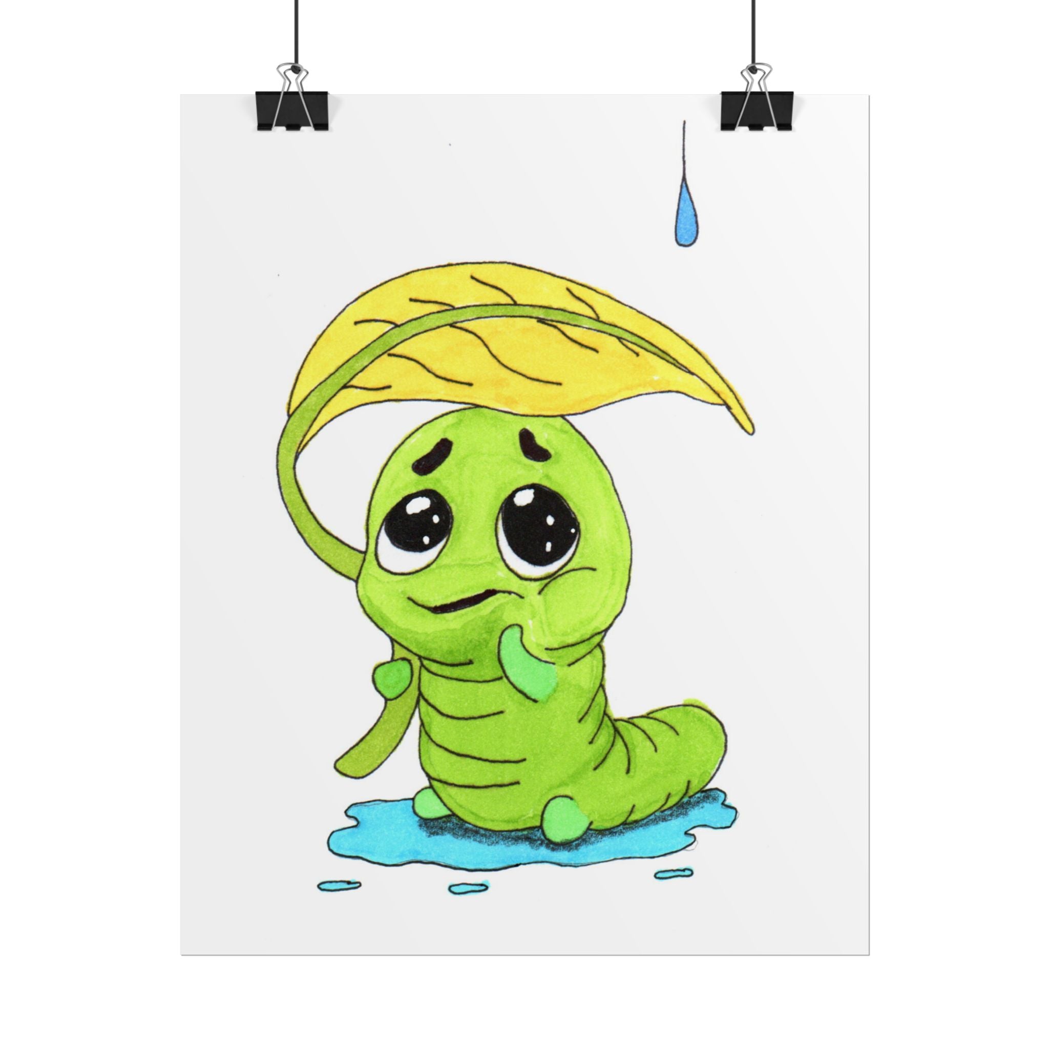 Leaf Umbrella Inchworm Pondering Print, Hand Drawn Rain Critter Art,