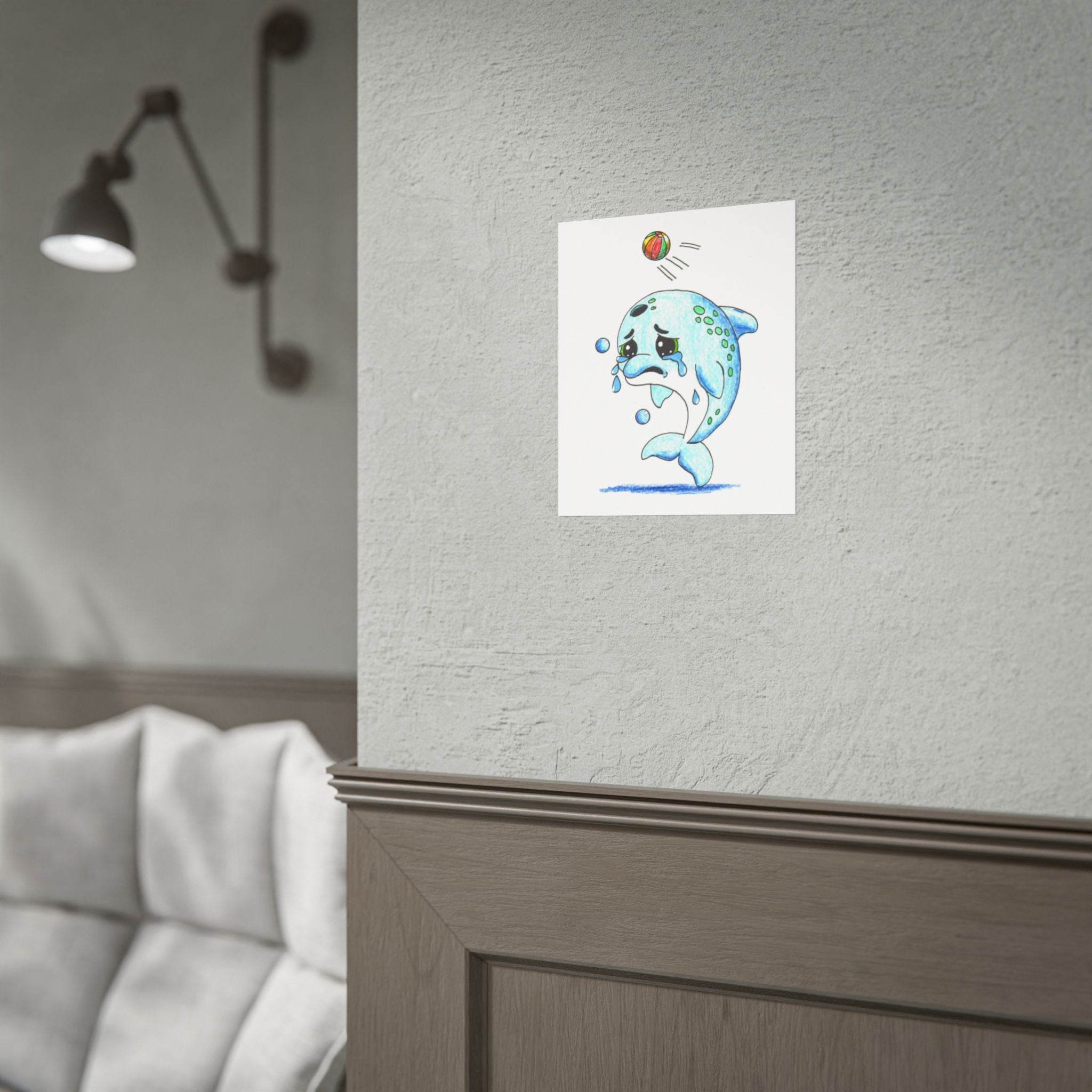 Sad Dolphin Lost Her Beach Ball Print, Hand Drawn Dolphin Wall Art, Ocean Nursery Decor, Cute Sea Animal Illustration