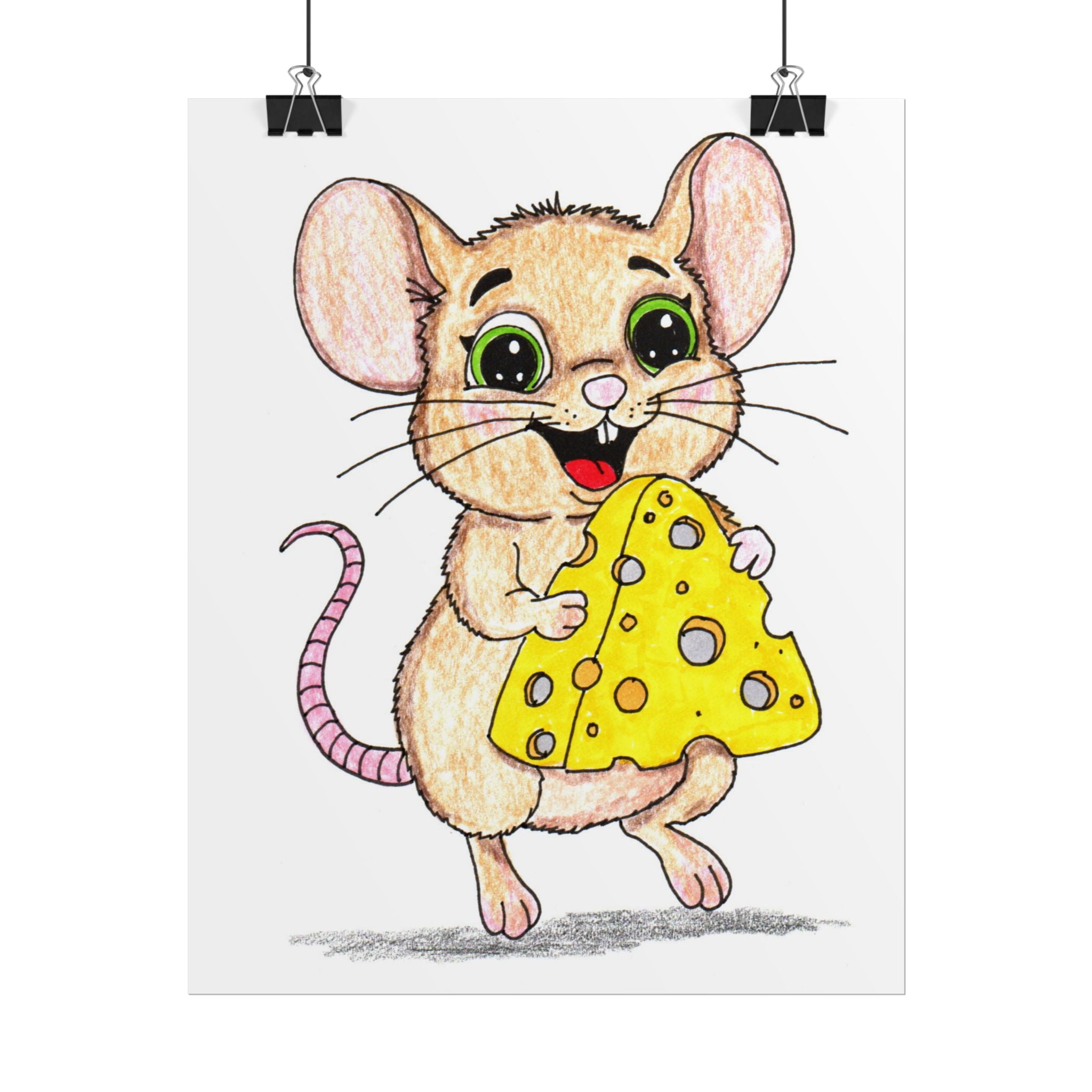 Mouse Found the Cheese - Cute Mouse Wall Art Print - Hand Colored Nursery Decor - Woodland Animal Illustration
