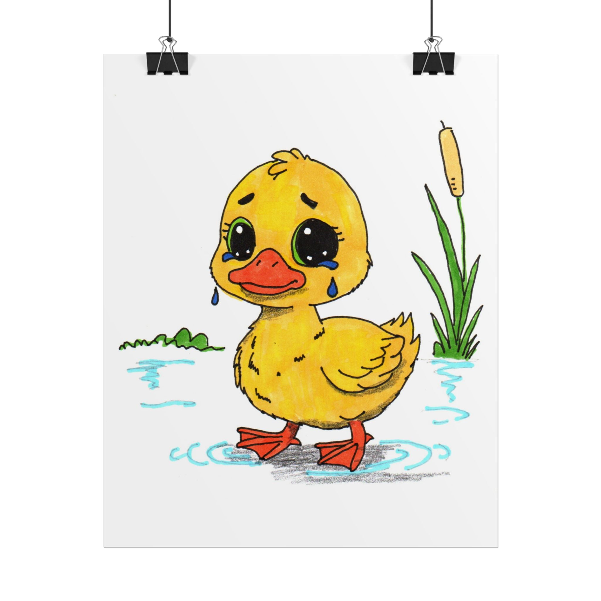 Sad Duckling Lost Her Mama Art Print | Hand Drawn Duckling Wall Decor | Emotional Animal Artwork