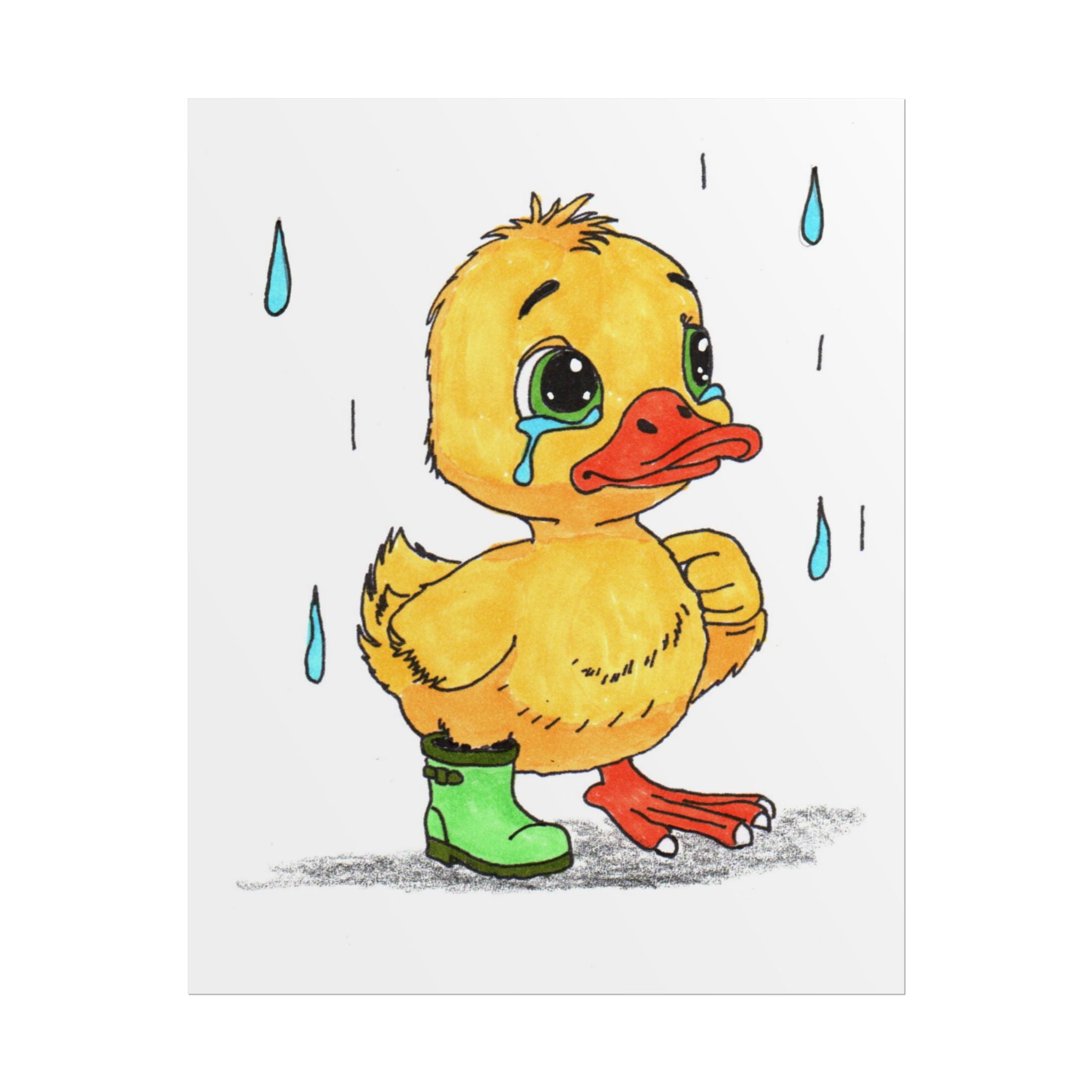 Sad Duck Lost Her Rain Boot Print, Hand Drawn Duckling Wall Art, Nursery Decor, Woodland Critter Illustration