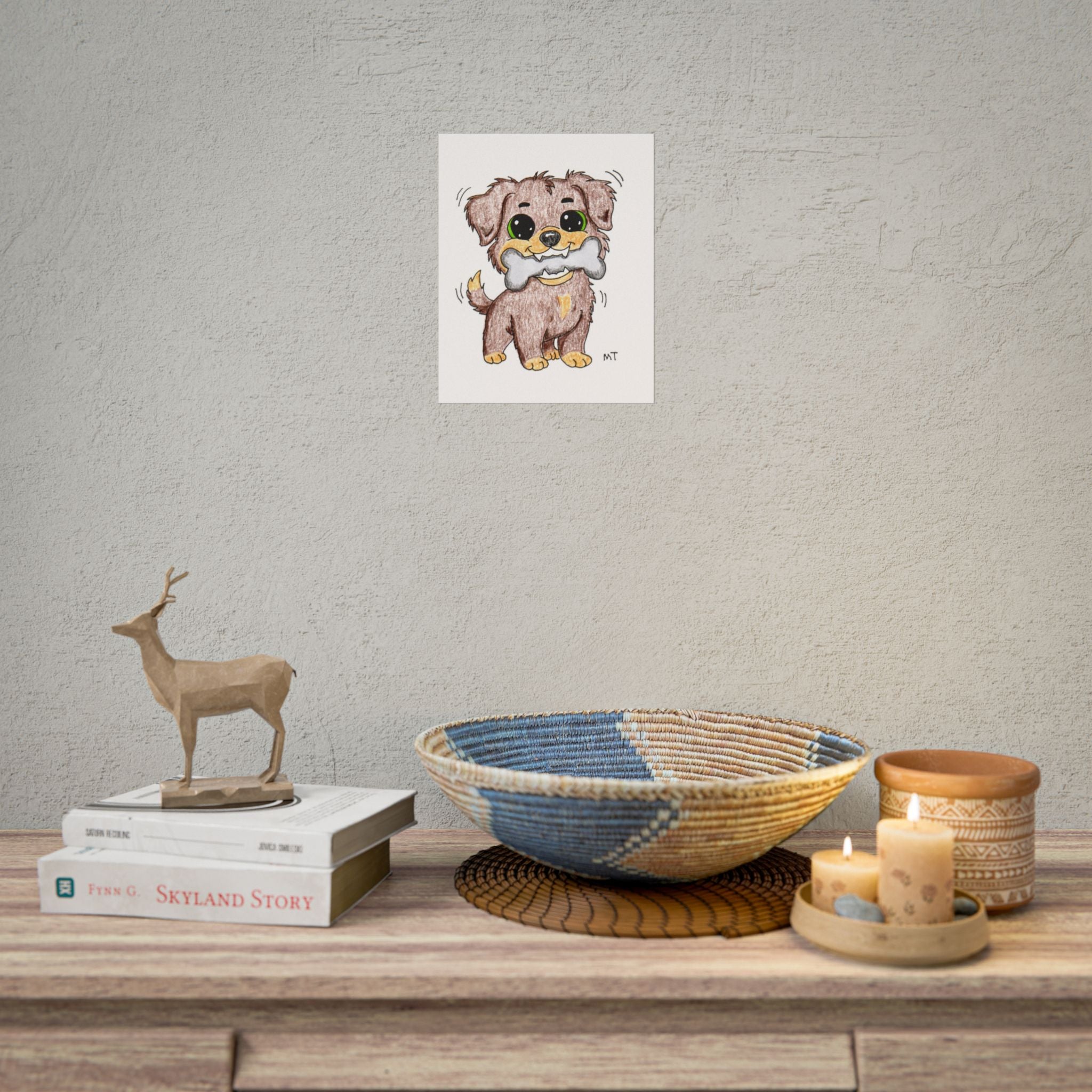 Happy Puppy Found Bone Wall Art Print, Hand Drawn Dog Illustration