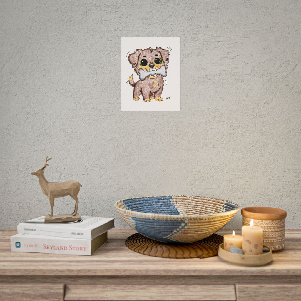 Happy Puppy Found Bone Wall Art Print, Hand Drawn Dog Illustration