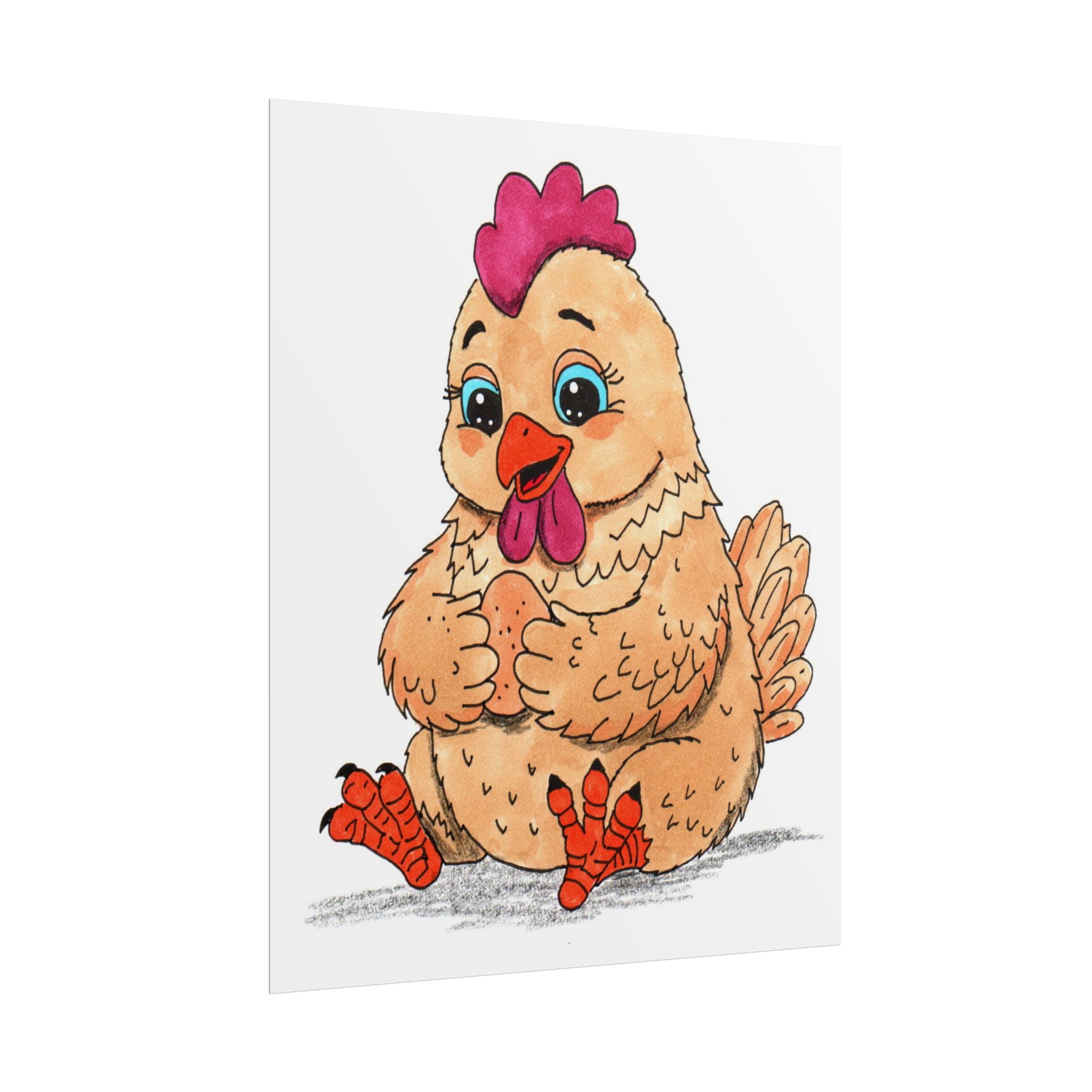 Hen Found Her Egg Print, Hand Drawn Chicken Wall Art, Farm Animal Nursery Decor, Happy Hen Illustration