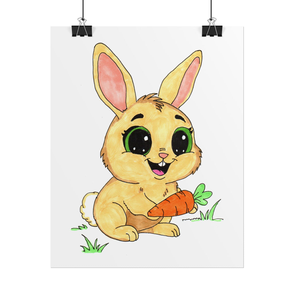 Happy Rabbit with Carrot Print, Cute Bunny Wall Art, Hand Drawn Nursery Decor