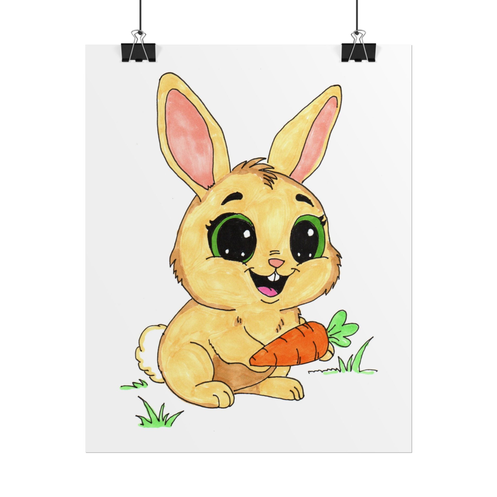 Happy Rabbit with Carrot Print, Cute Bunny Wall Art, Hand Drawn Nursery Decor