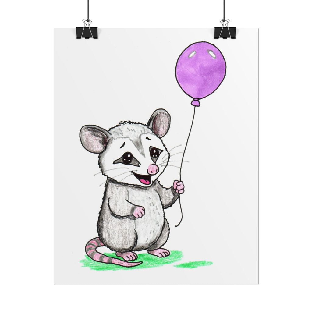 Opossum Found a Balloon Print | Hand Drawn Woodland Animal Wall Art