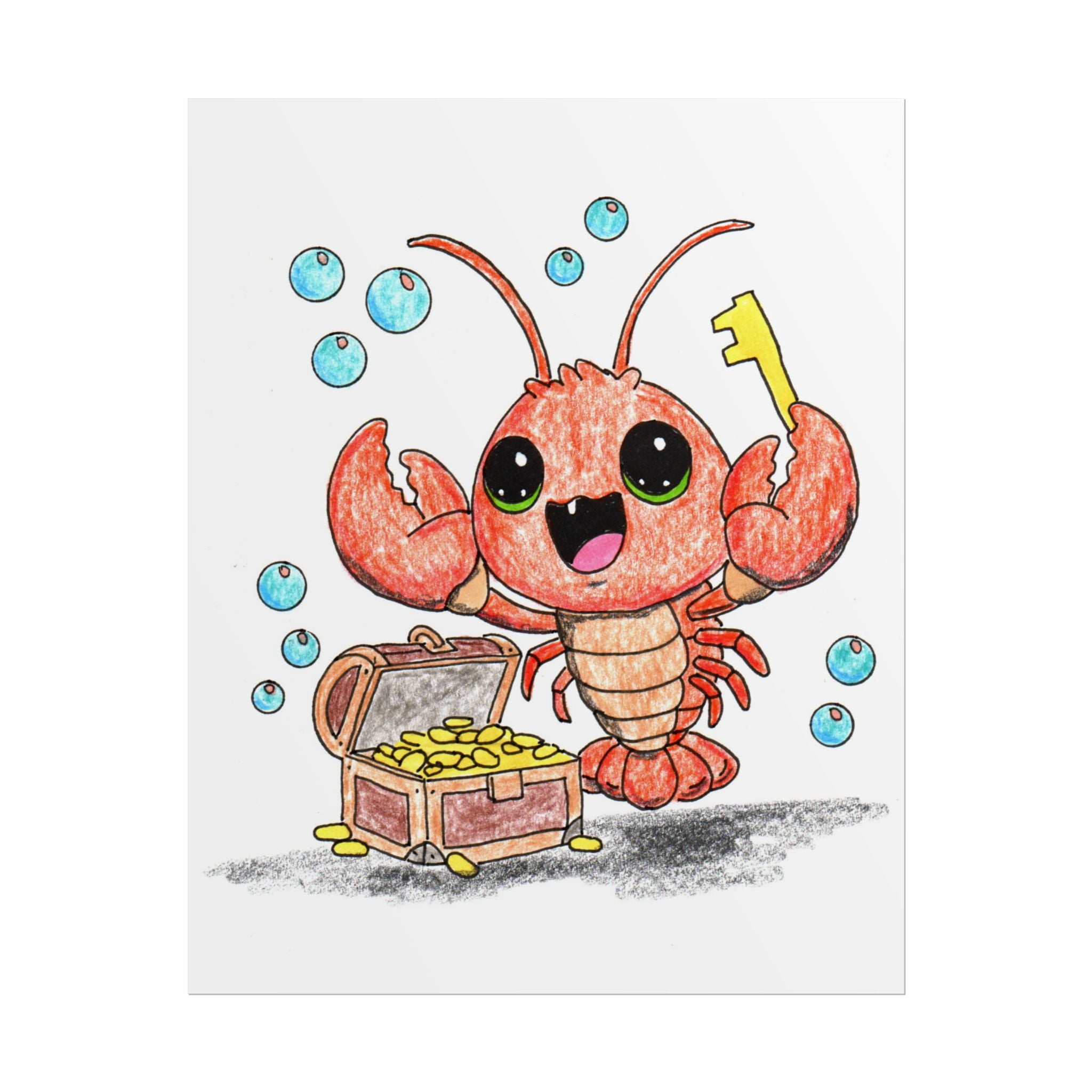 Lobster Found Her Treasure Key Print, Cute Lobster Illustration, Lost & Found Critters Decor