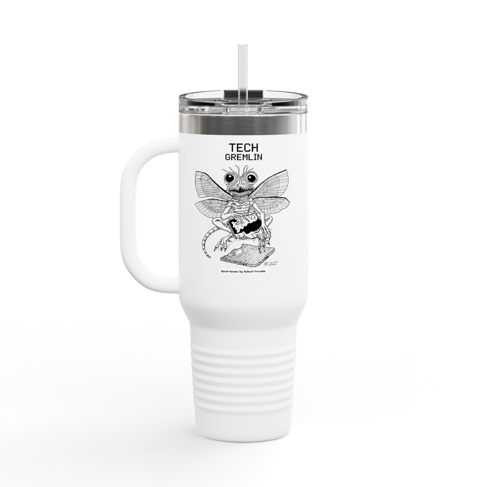 Tech Gremlin Travel Mug – Mischievous Fantasy Art by Robert Trumble