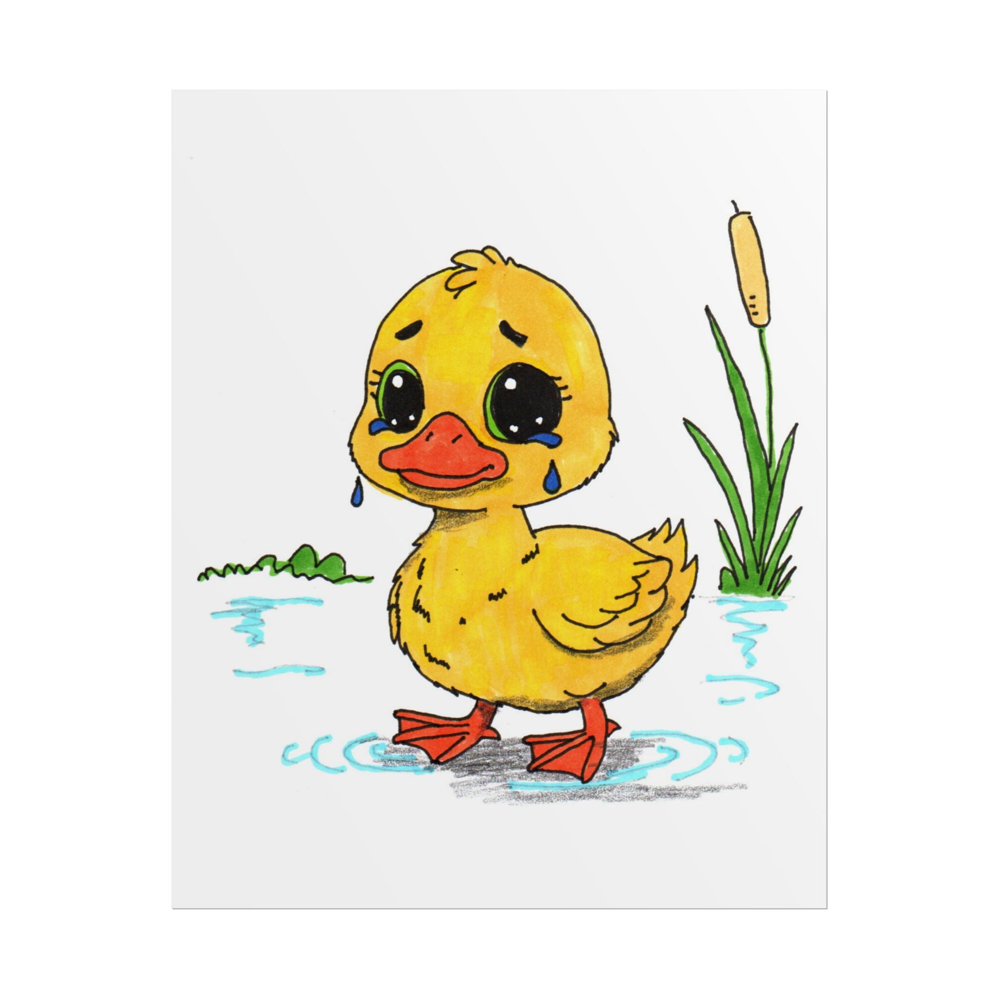 Sad Duckling Lost Her Mama Art Print | Hand Drawn Duckling Wall Decor | Emotional Animal Artwork