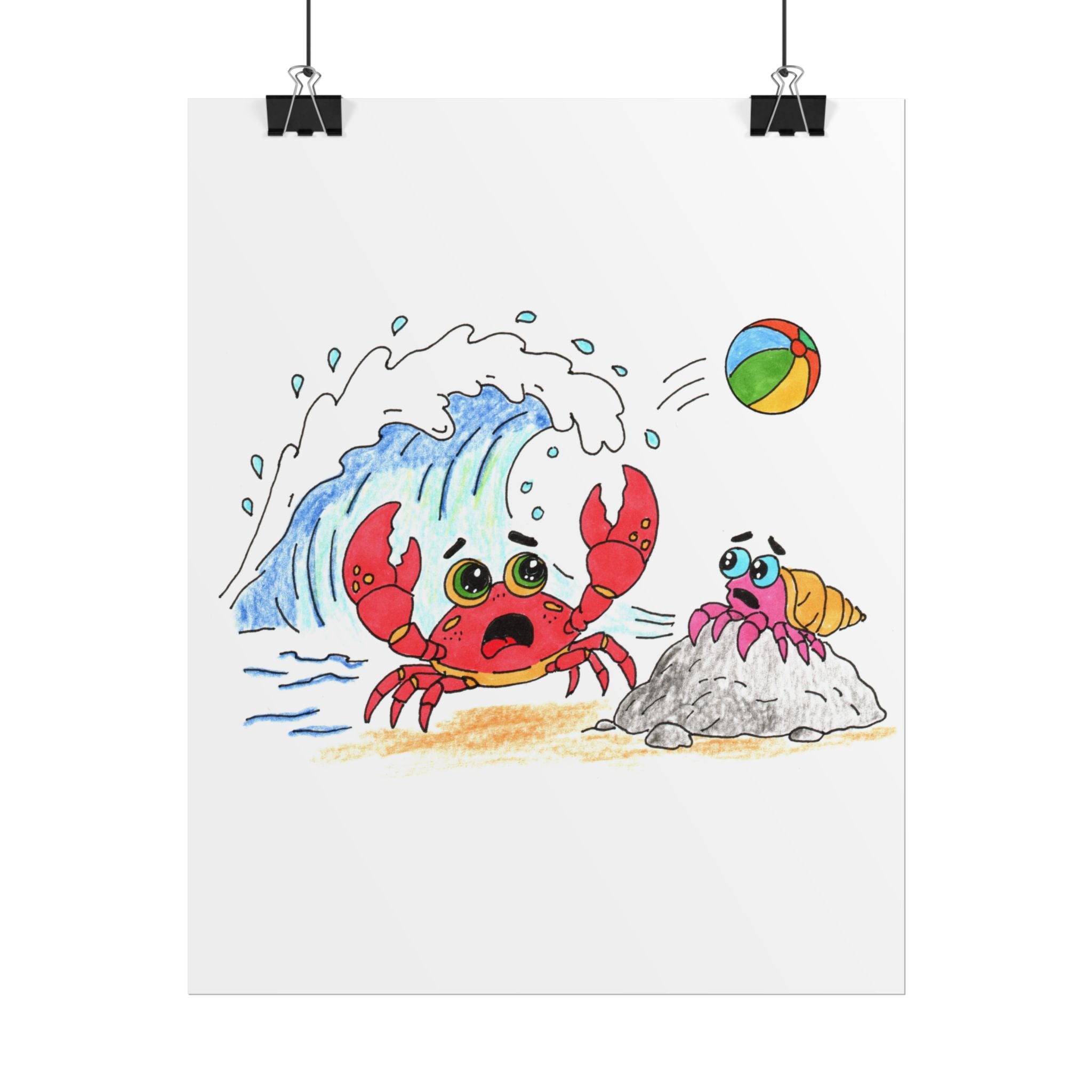 Crab - Big Wave Beach Print, Hand Drawn Crab Wall Art, Ocean Adventure Illustration, Coastal Nursery Decor