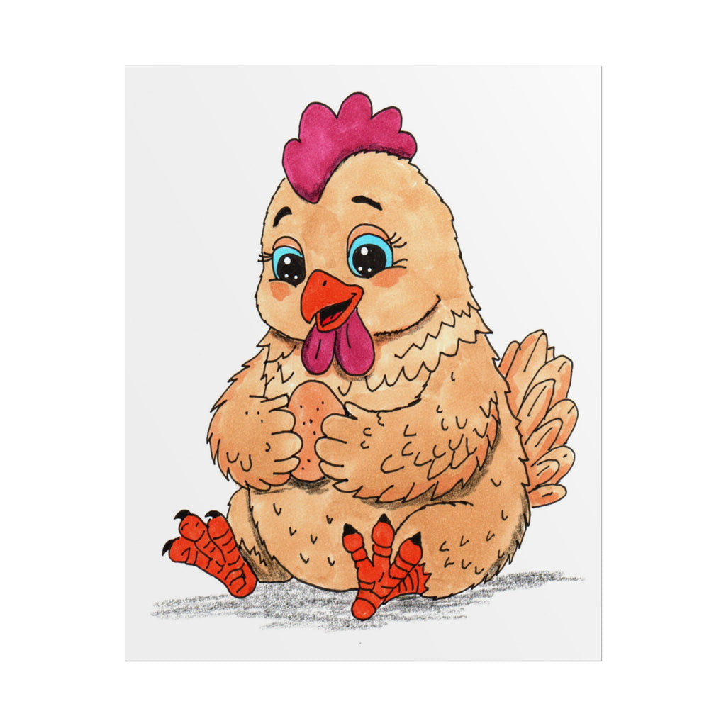 Hen Found Her Egg Print, Hand Drawn Chicken Wall Art, Farm Animal Nursery Decor, Happy Hen Illustration
