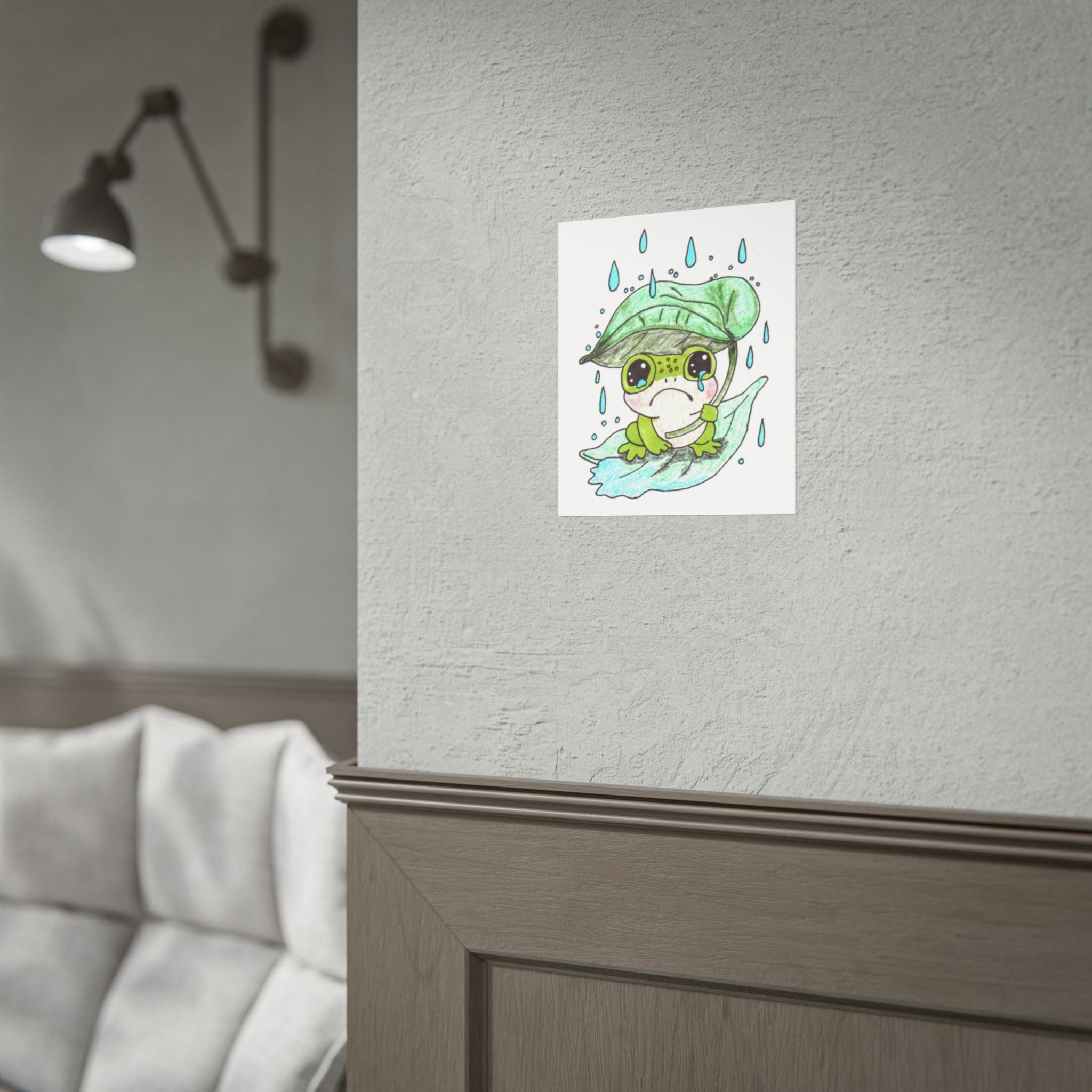 Sad Frog with Leaf Umbrella Print, Hand Drawn Frog Wall Art, Rainy Day Nursery Decor, Whimsical Frog Illustration
