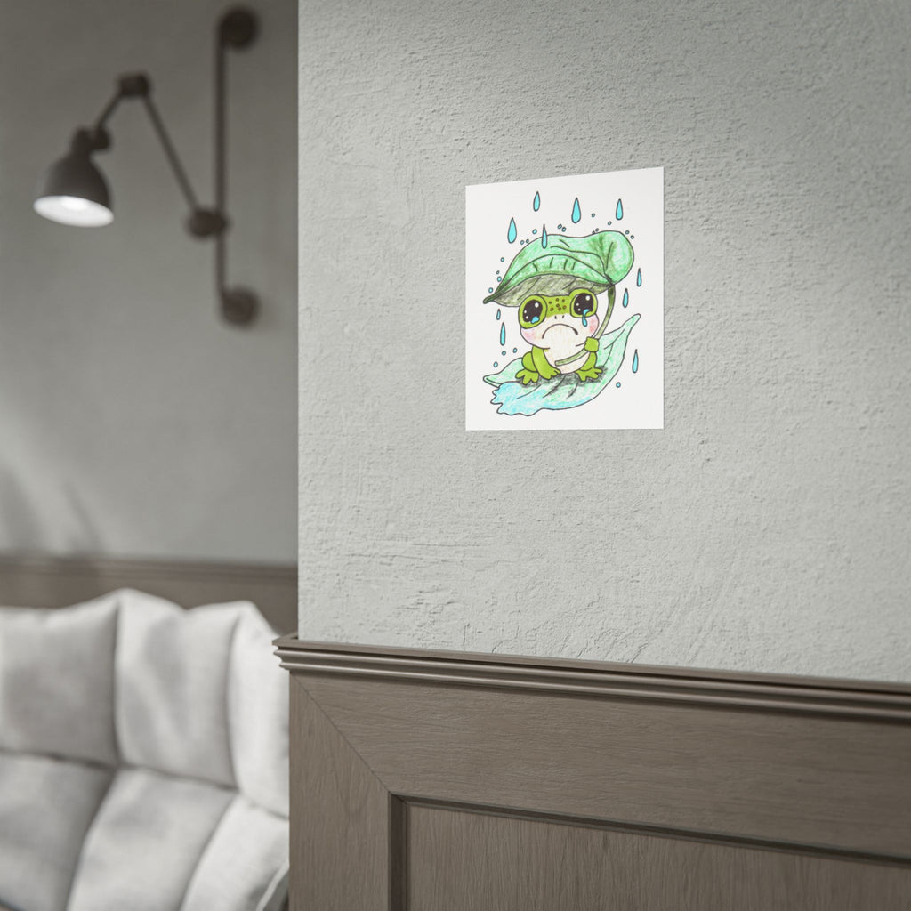 Sad Frog with Leaf Umbrella Print, Hand Drawn Frog Wall Art, Rainy Day Nursery Decor, Whimsical Frog Illustration