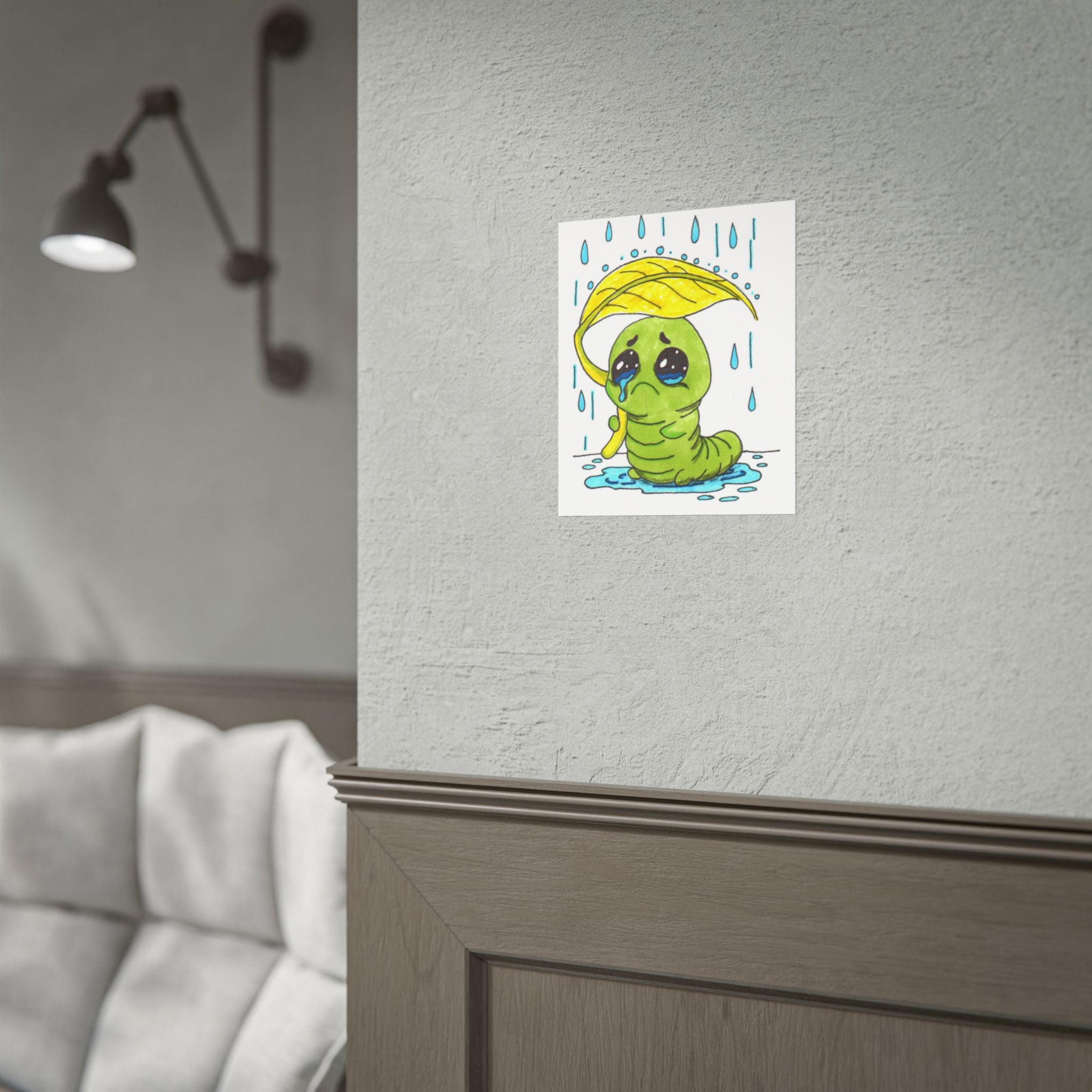 Sad Inchworm Rain Print, Hand Drawn Caterpillar Nursery Wall Art
