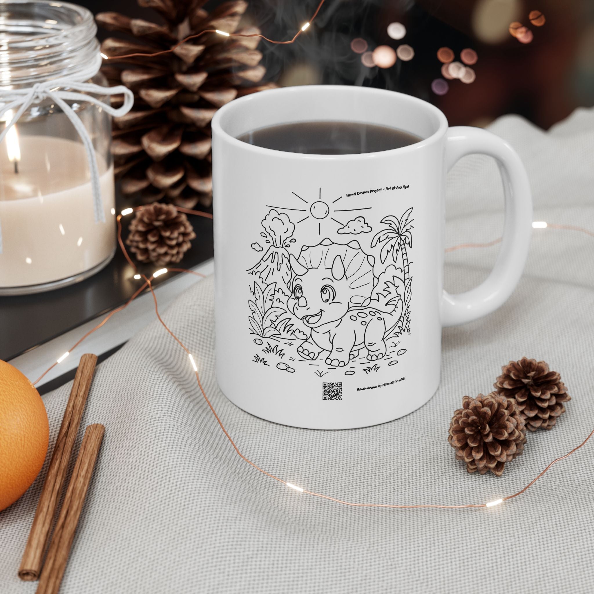 Triceratops Coffee Mug | Hand-Drawn Dinosaur Art with QR Code | Fun Gift for Dino Lovers
