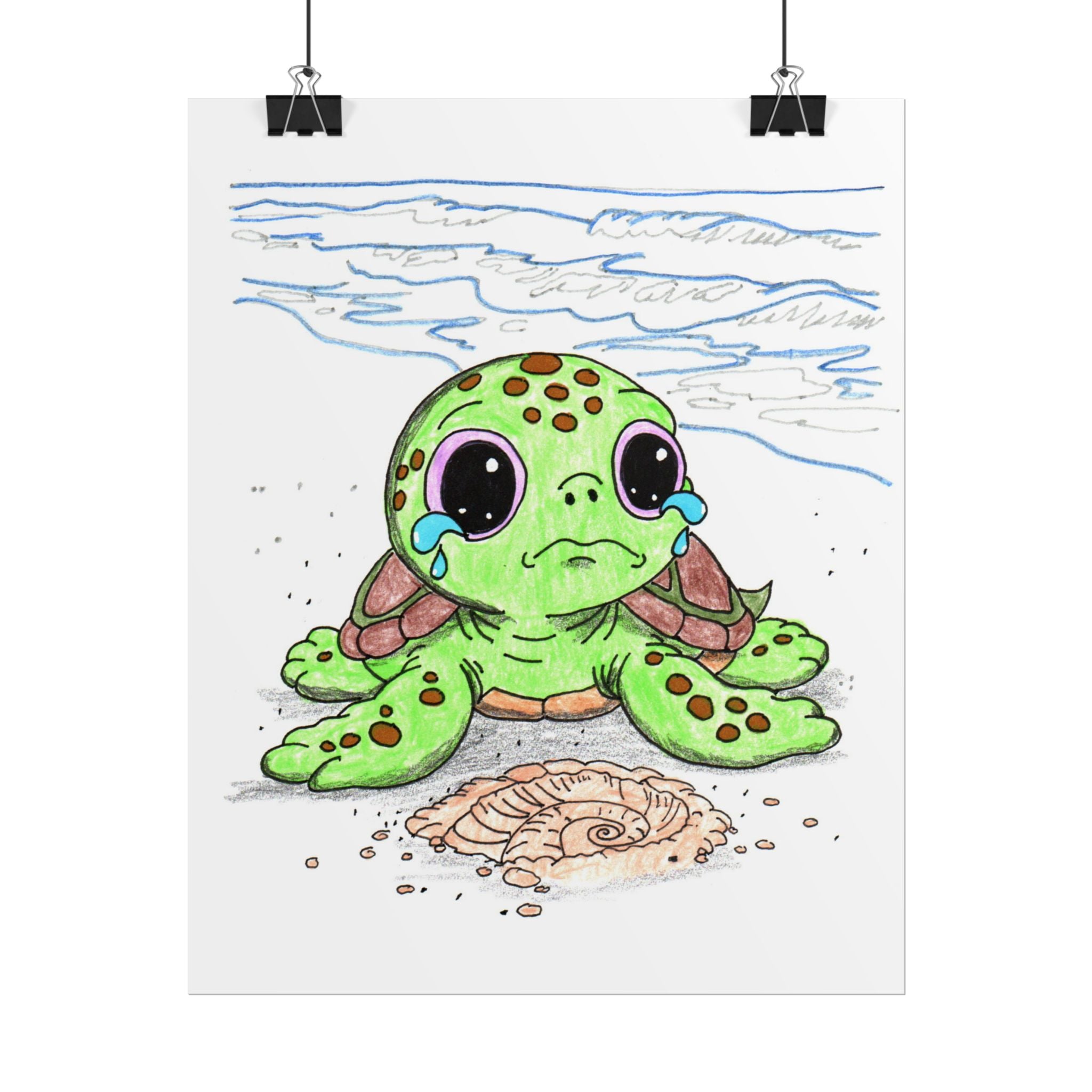 Sad Sea Turtle Lost Her Shell Print, Emotional Turtle Illustration, Beach Baby Room Decor (8x10)