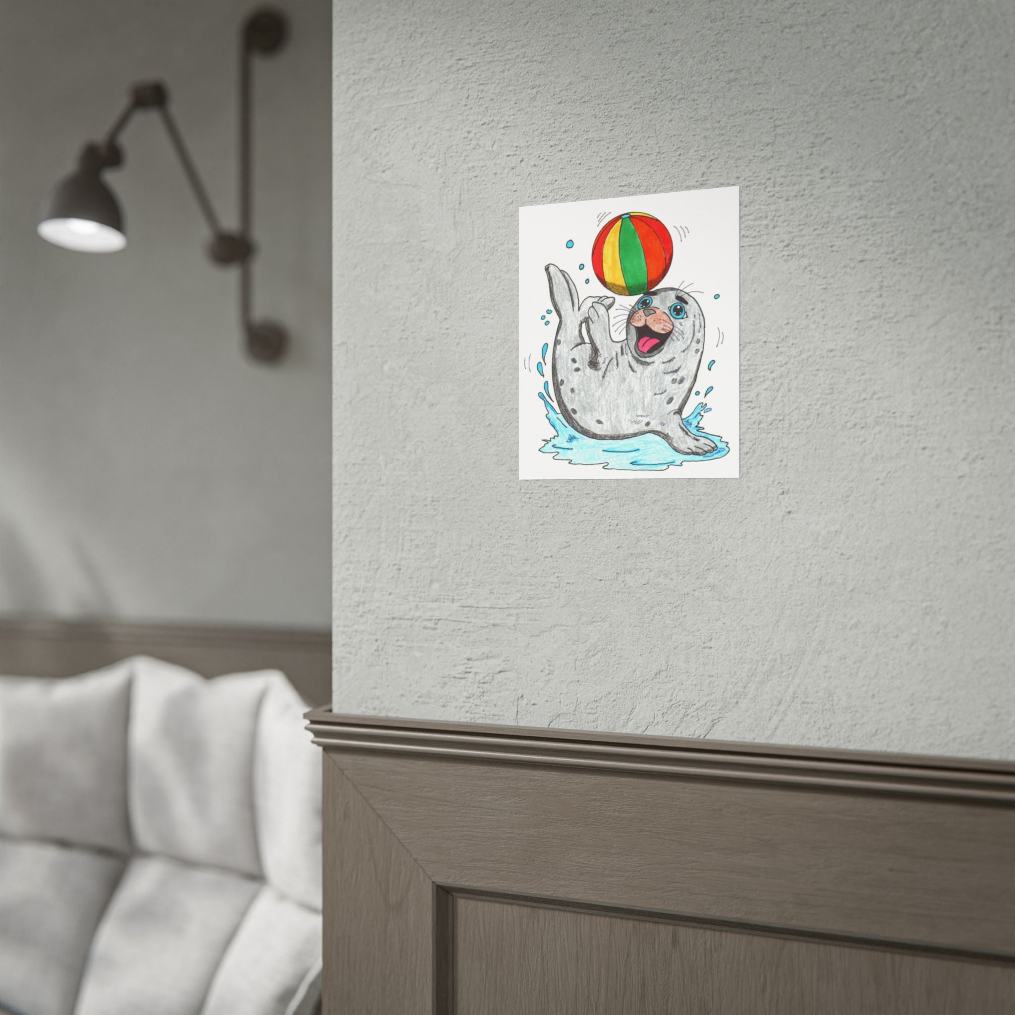 Seal Found Her Beach Ball Print | Hand Drawn Ocean Animal Wall Art | Happy Seal Illustration