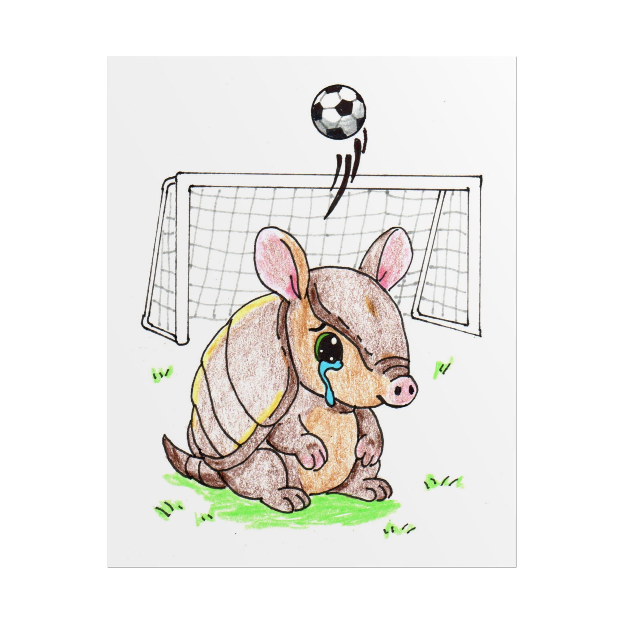 Sad Armadillo Soccer Print, Hand Drawn Lost and Found Critter Wall Art,