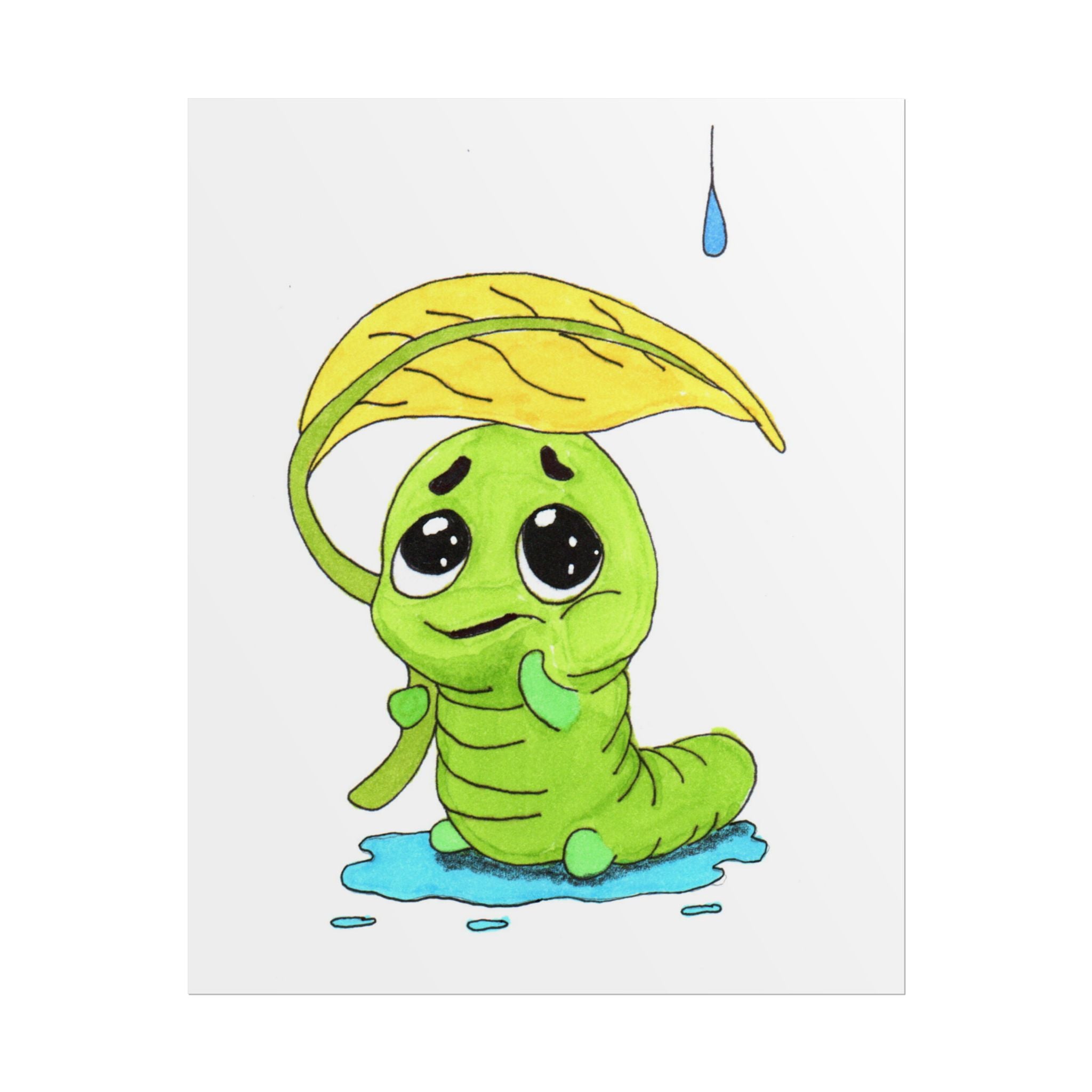 Leaf Umbrella Inchworm Pondering Print, Hand Drawn Rain Critter Art,