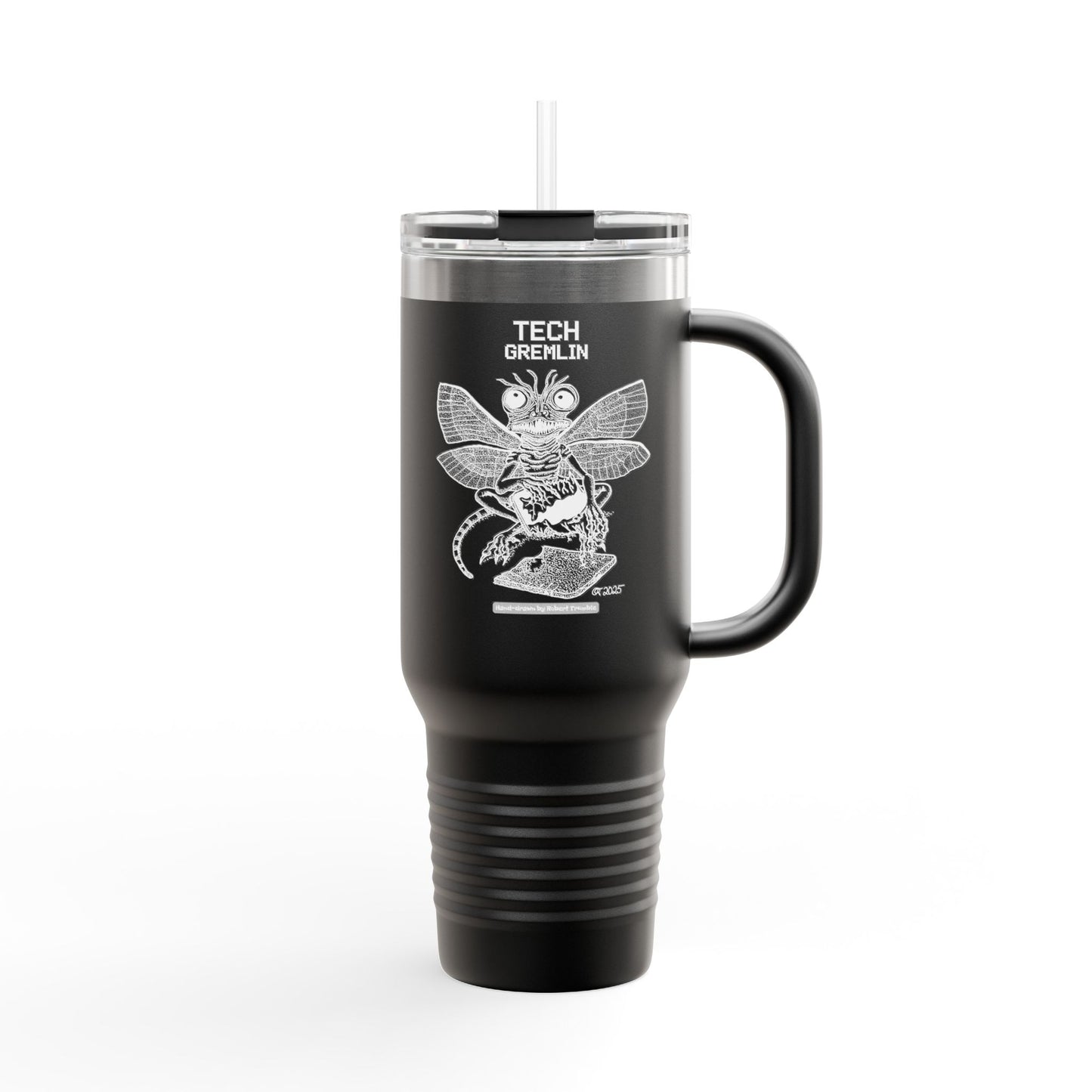 Tech Gremlin Travel Mug – Mischievous Fantasy Art by Robert Trumble