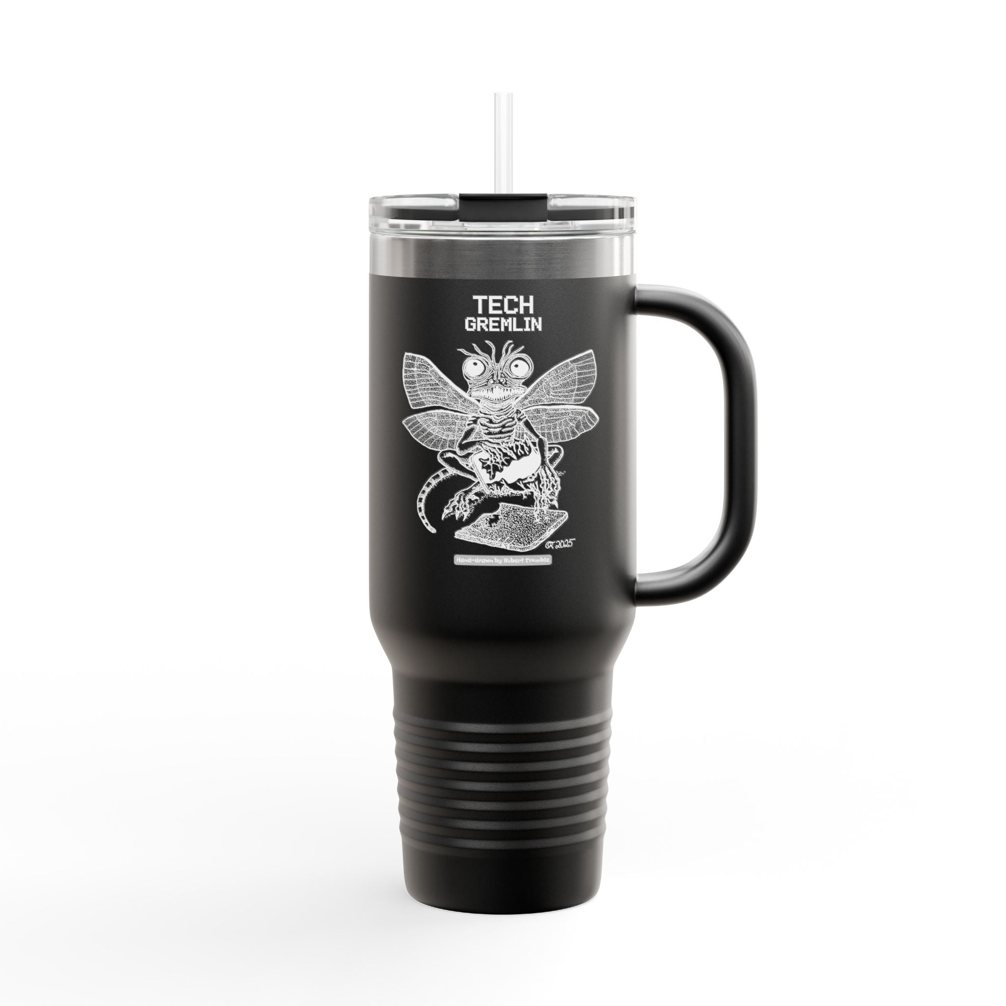 Tech Gremlin Travel Mug – Mischievous Fantasy Art by Robert Trumble