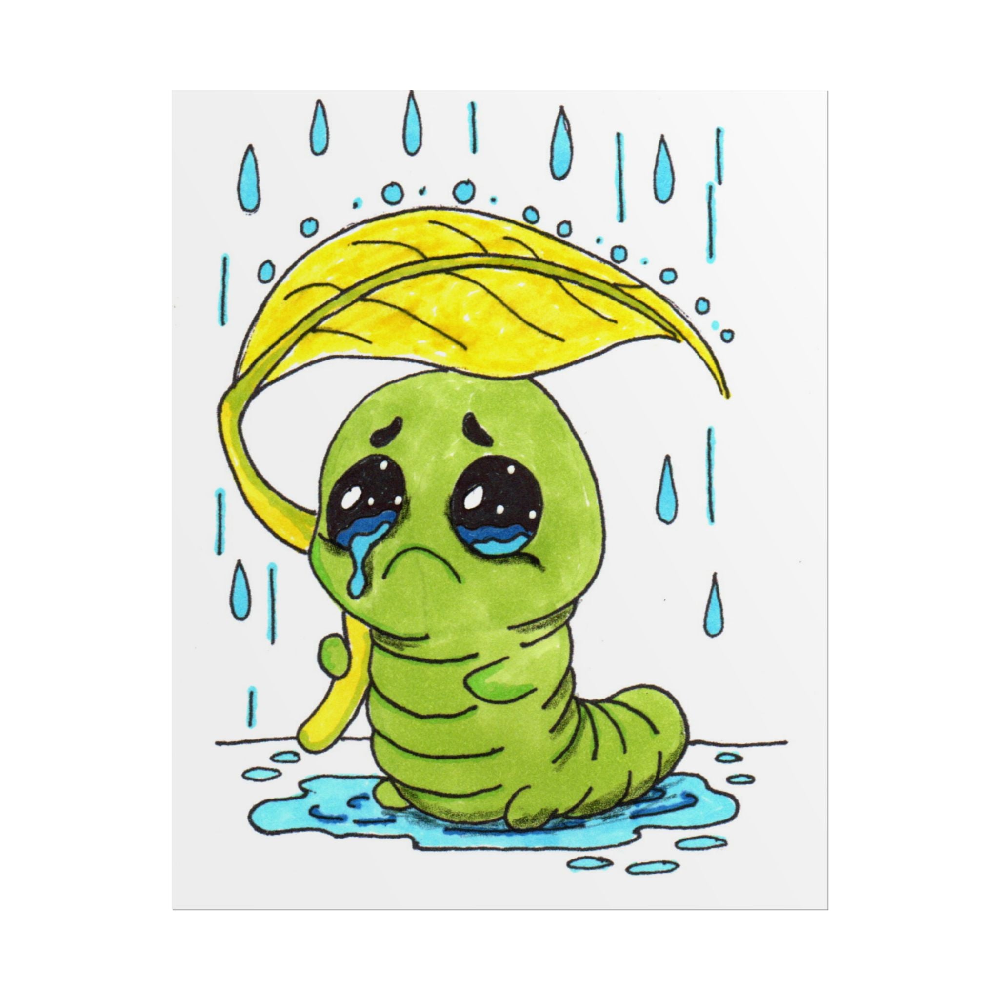 Sad Inchworm Rain Print, Hand Drawn Caterpillar Nursery Wall Art