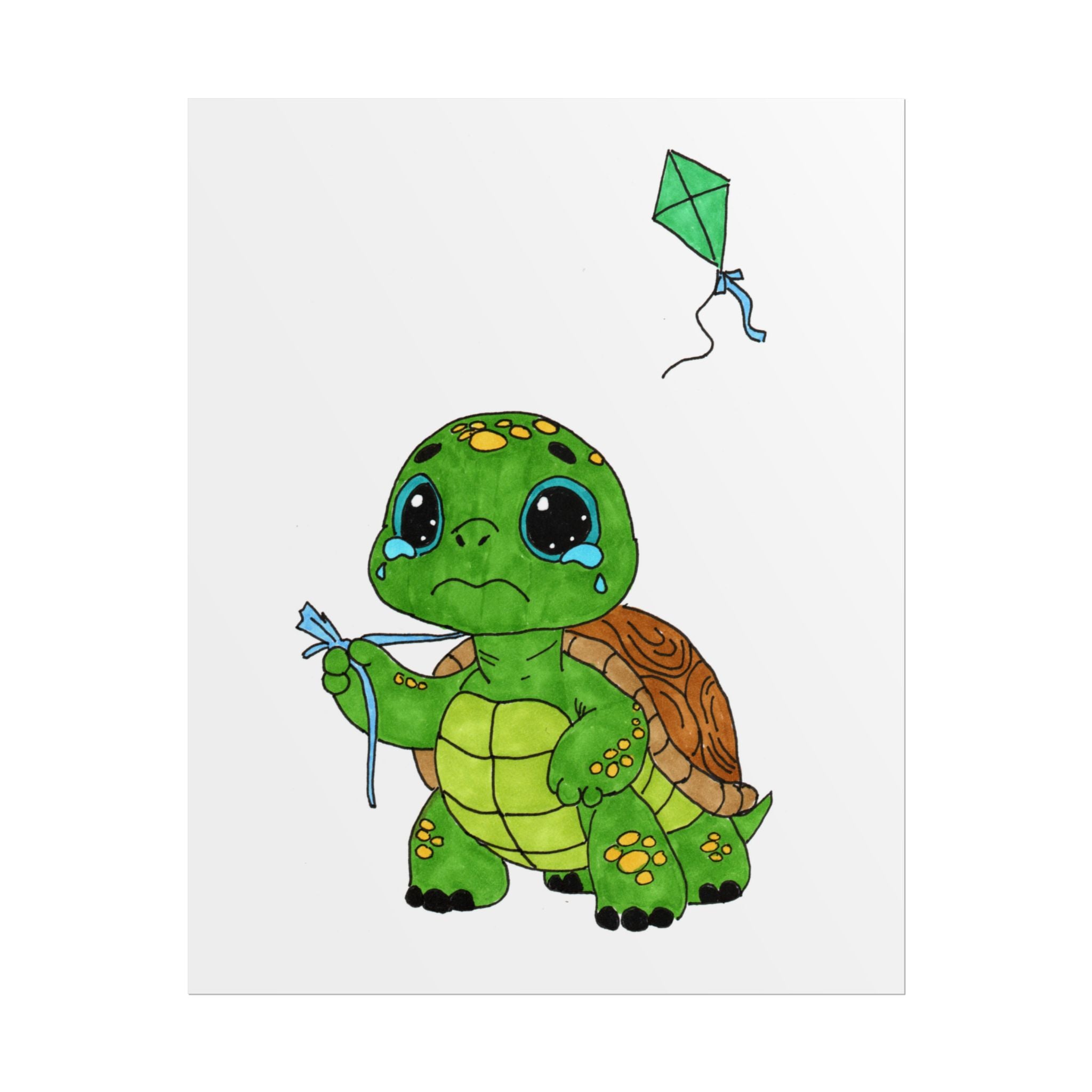 Sad Turtle Lost Her Kite Print, Hand Drawn Turtle Wall Art, Whimsical Nursery Decor, Woodland Animal Illustration