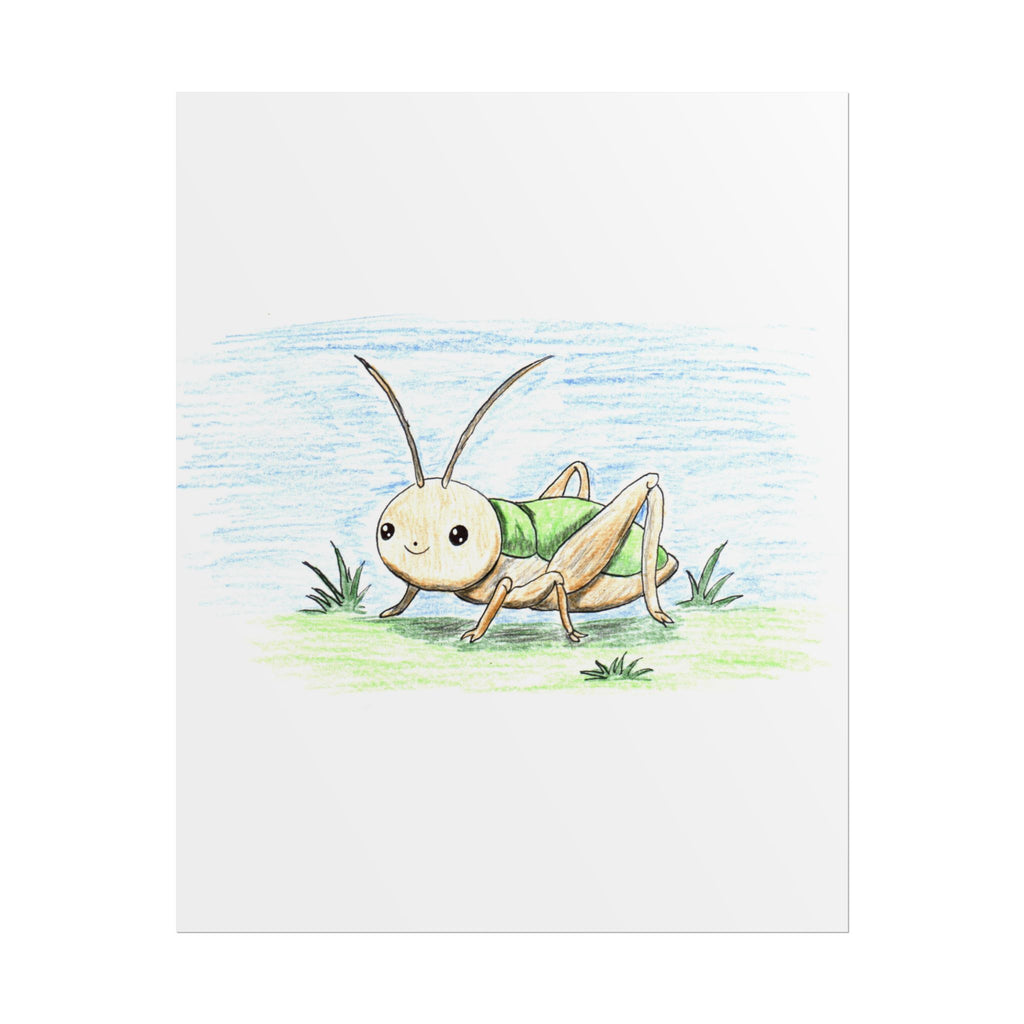 Smiling Cricket in Field Print, Hand Drawn Cricket Wall Art, Nature Nursery Decor, Whimsical Cricket Artwork, 8x10 Print