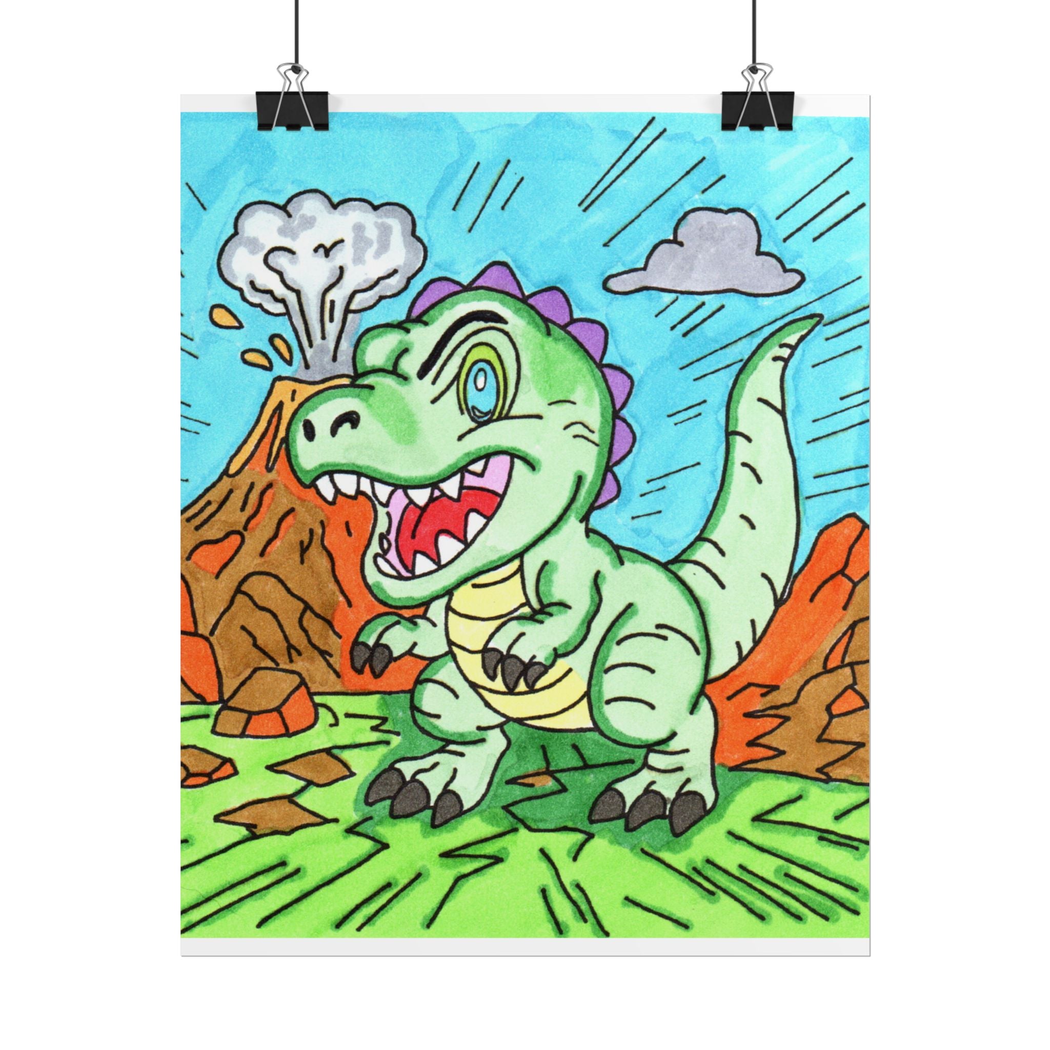 Cute T-Rex Volcano Print, Hand Drawn Dinosaur Wall Art, Dinosaur Nursery Decor, Kids Room Artwork, Colorful Dino Illustration